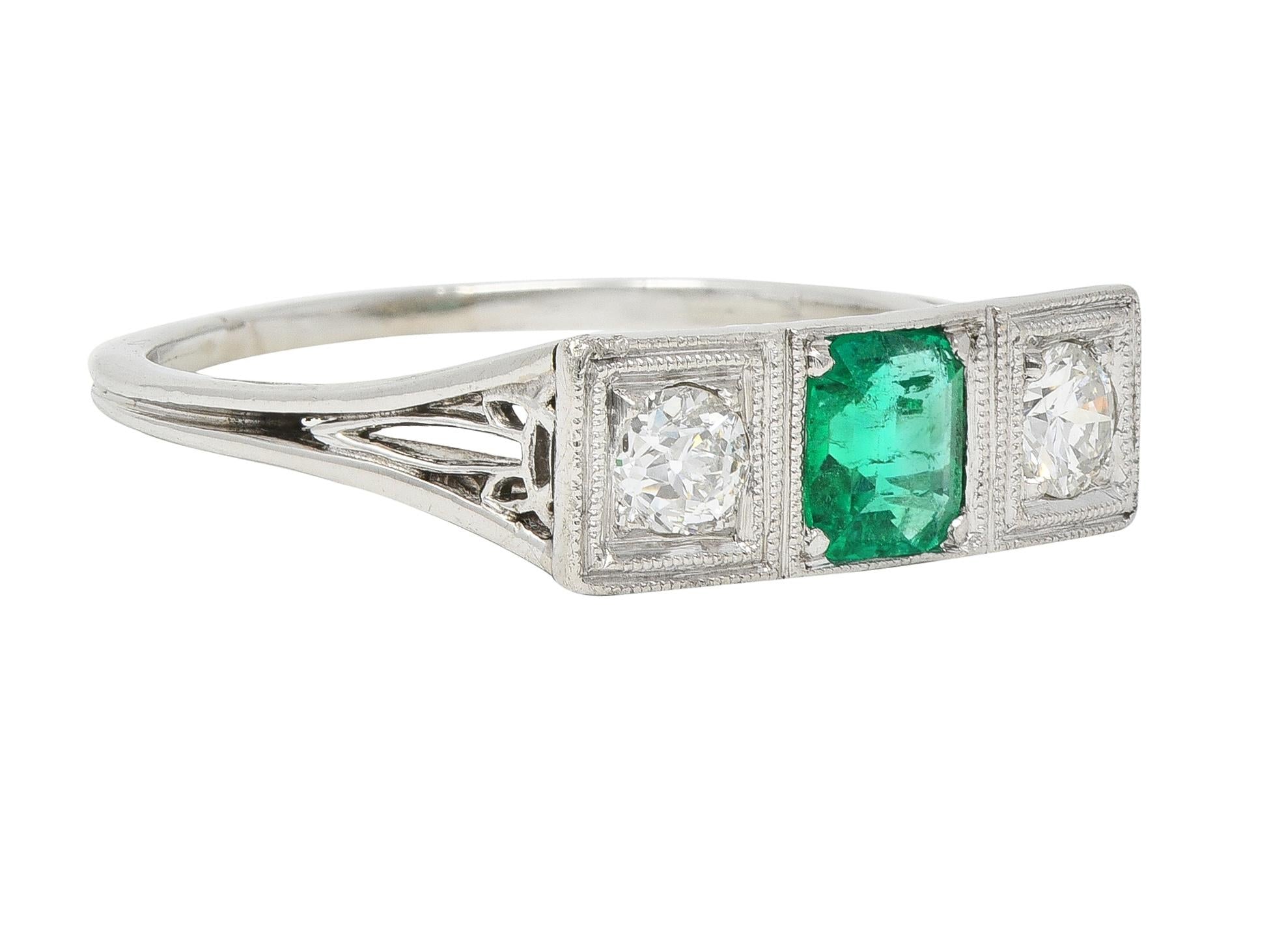 Art Deco Emerald Diamond Platinum Three Stone Vintage Geometric Ring