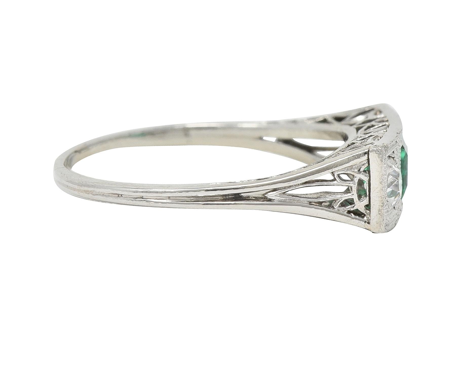 Art Deco Emerald Diamond Platinum Three Stone Vintage Geometric Ring