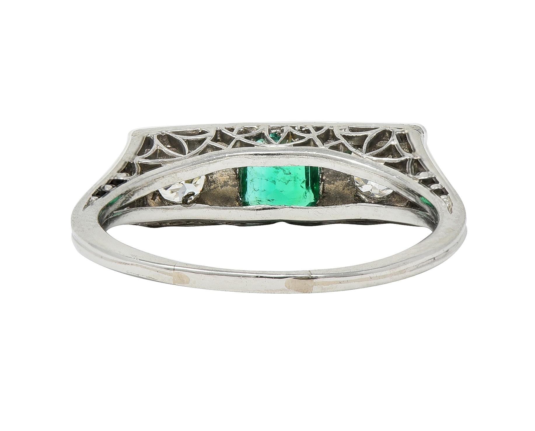 Art Deco Emerald Diamond Platinum Three Stone Vintage Geometric Ring