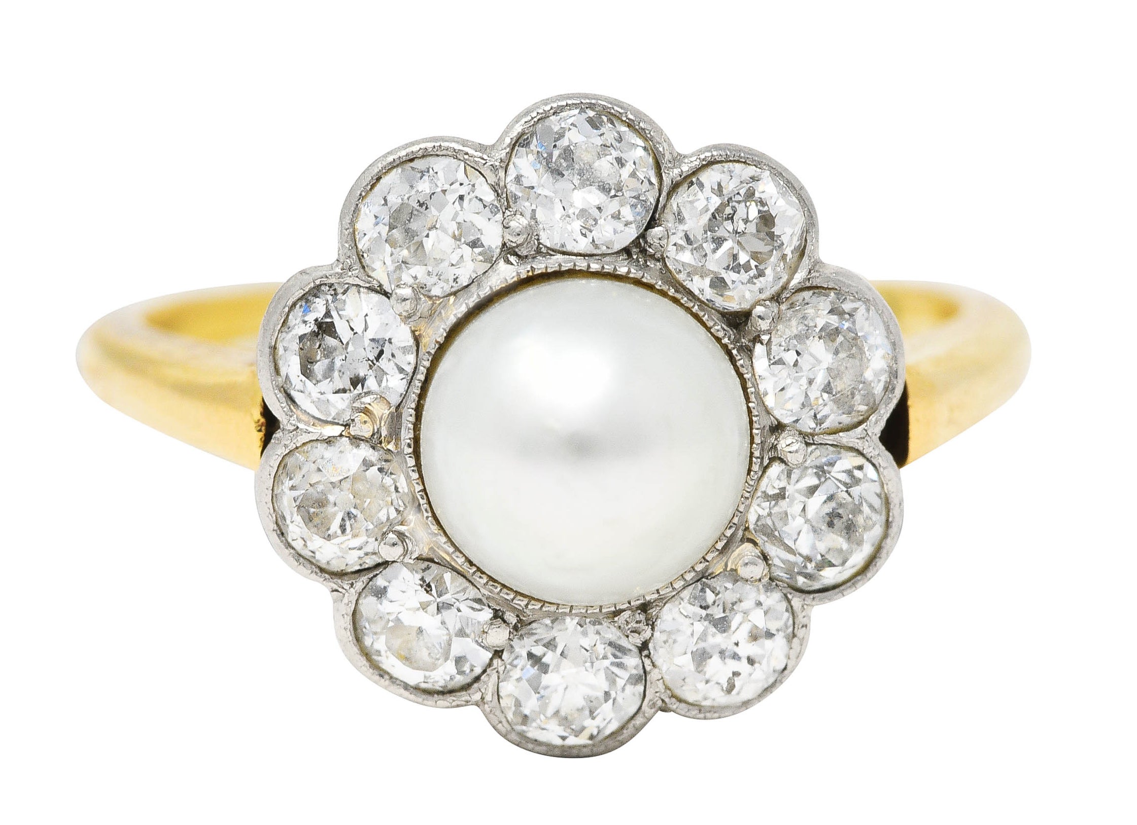 Edwardian Diamond Pearl Platinum 14 Karat Yellow Gold Cluster Antique Ring Wilson's Estate Jewelry