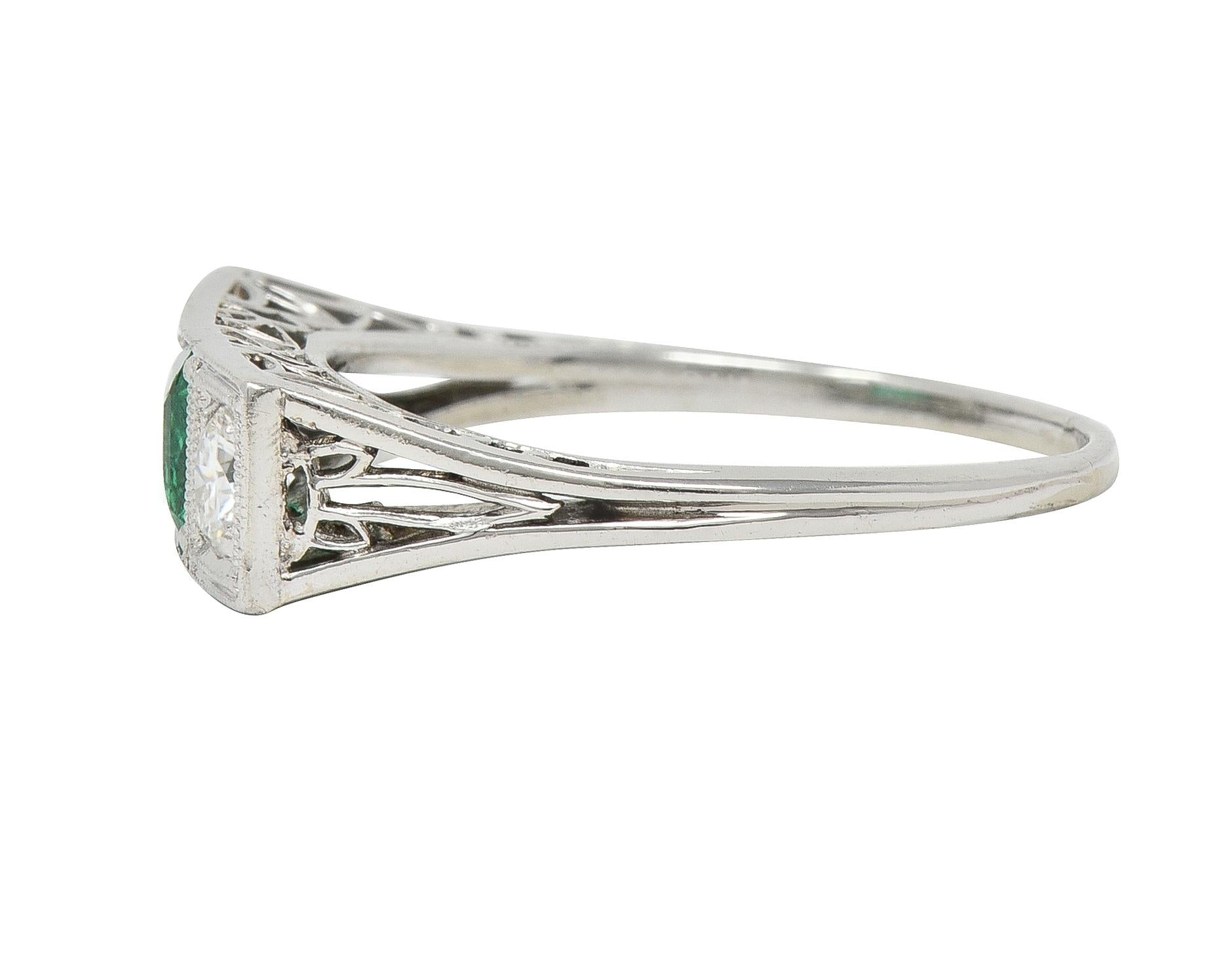 Art Deco Emerald Diamond Platinum Three Stone Vintage Geometric Ring