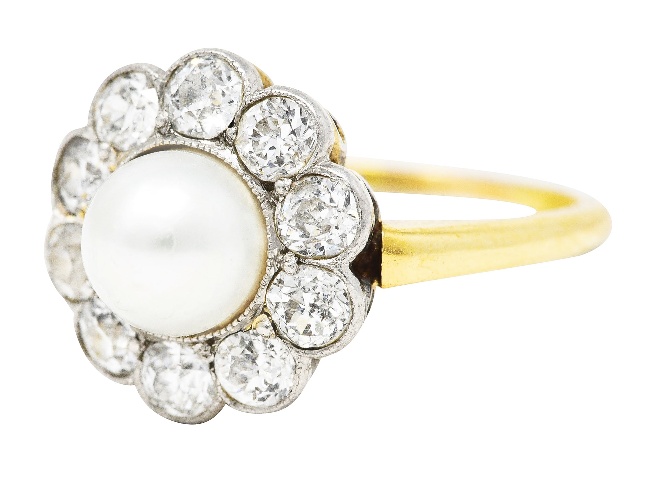 Edwardian Diamond Pearl Platinum 14 Karat Yellow Gold Cluster Antique Ring Wilson's Estate Jewelry