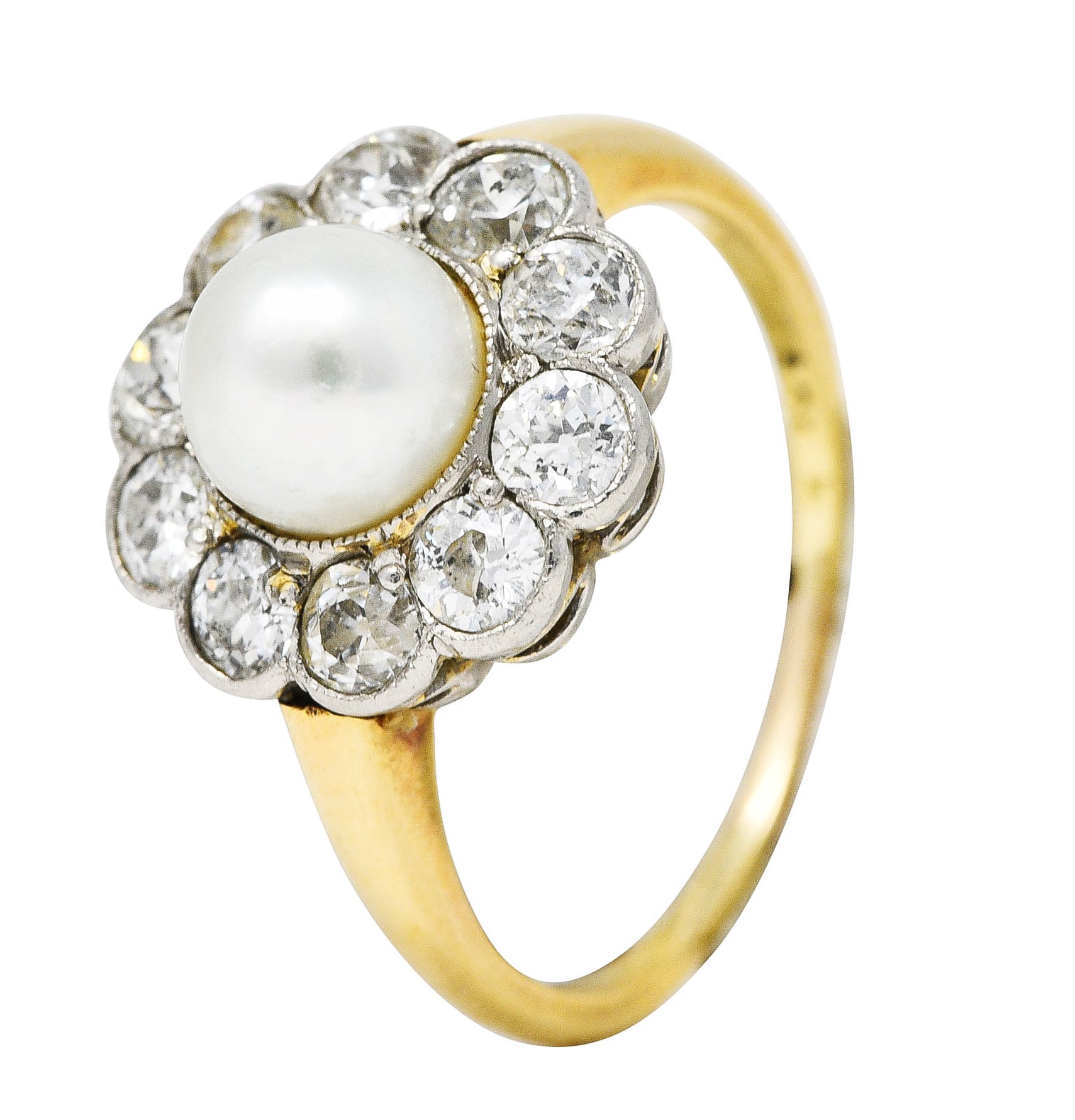 Edwardian Diamond Pearl Platinum 14 Karat Yellow Gold Cluster Antique Ring Wilson's Estate Jewelry