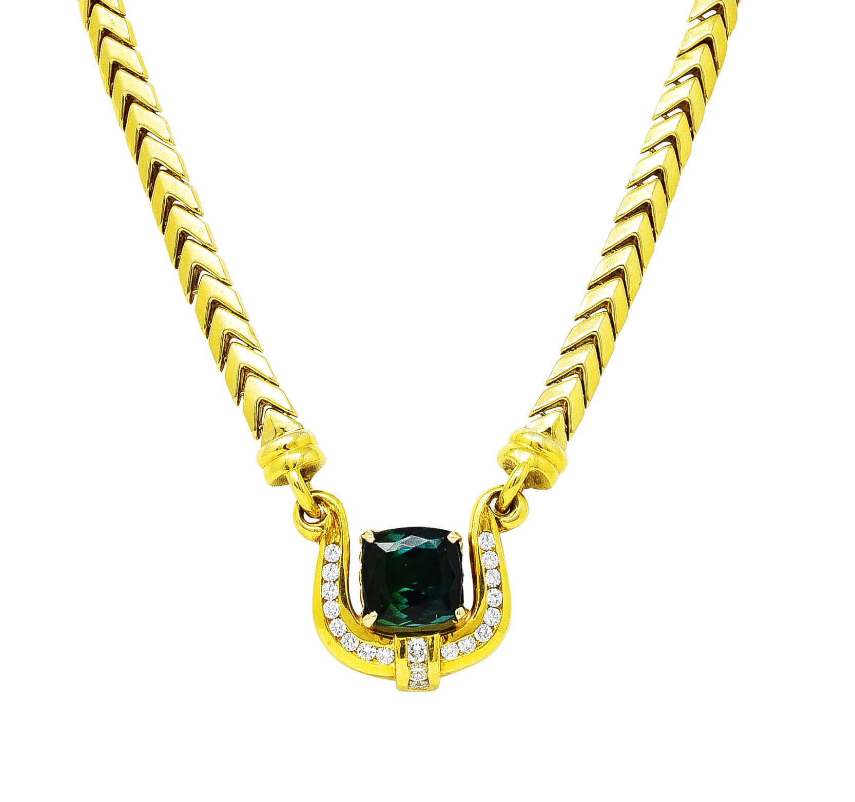 1980's Vintage Italian 11.00 CTW Green Tourmaline Diamond Gemstone 18 Karat Yellow Gold Enhancer Pendant Necklace Wilson's Estate Jewelry