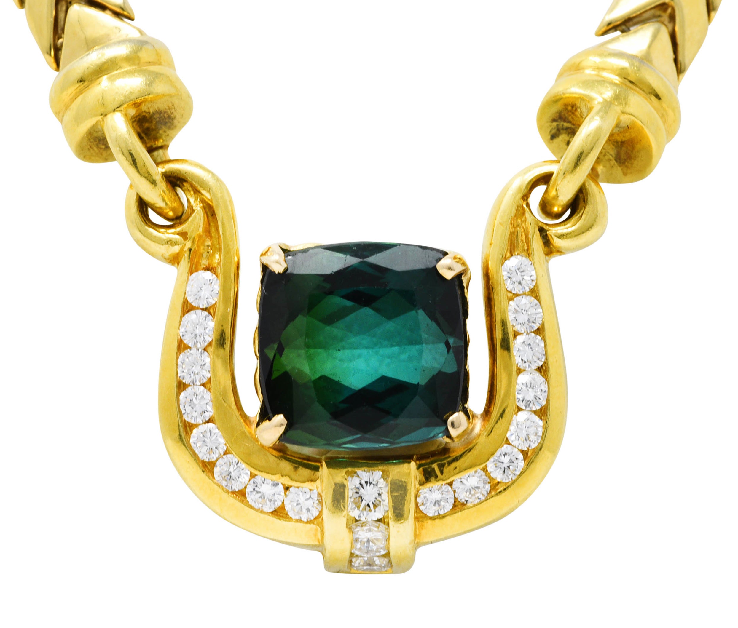 1980's Vintage Italian 11.00 CTW Green Tourmaline Diamond Gemstone 18 Karat Yellow Gold Enhancer Pendant Necklace Wilson's Estate Jewelry