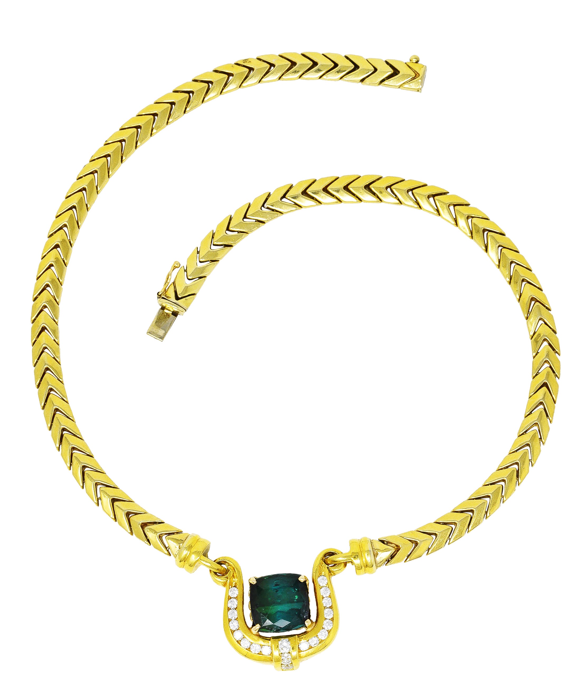 1980's Vintage Italian 11.00 CTW Green Tourmaline Diamond Gemstone 18 Karat Yellow Gold Enhancer Pendant Necklace Wilson's Estate Jewelry