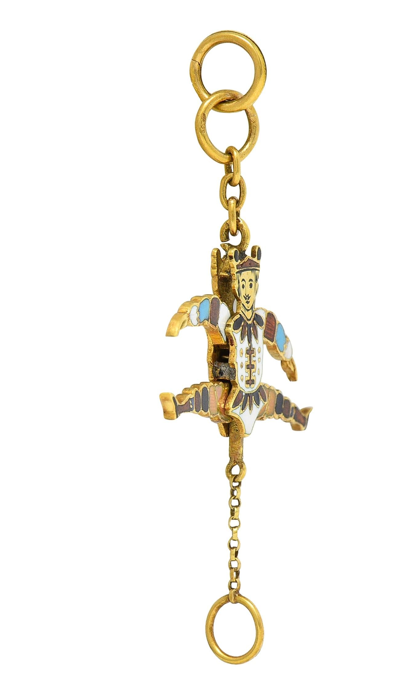 Victorian French Enamel 18 Karat Yellow Gold Jester Articulated Antique Charm