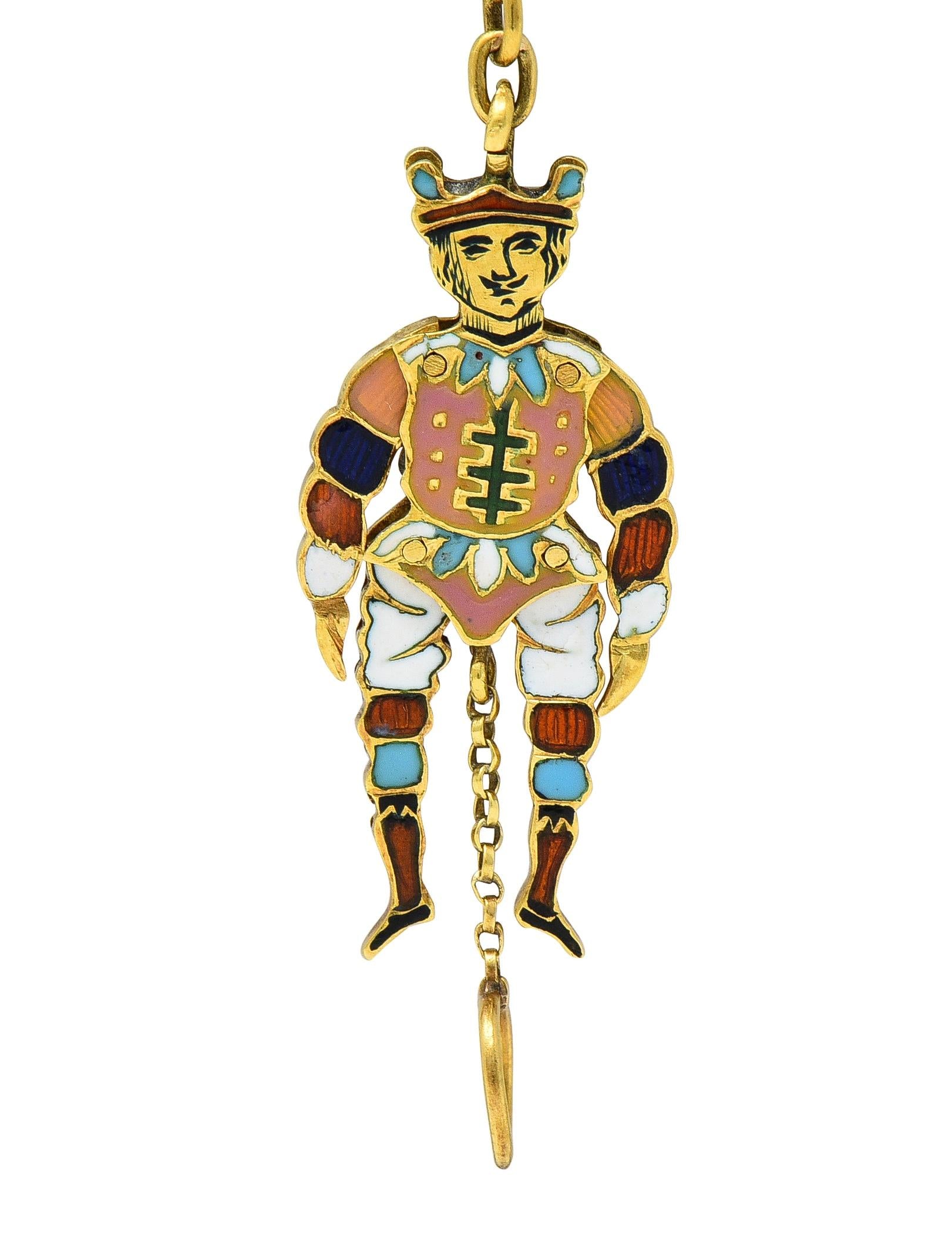 Victorian French Enamel 18 Karat Yellow Gold Jester Articulated Antique Charm