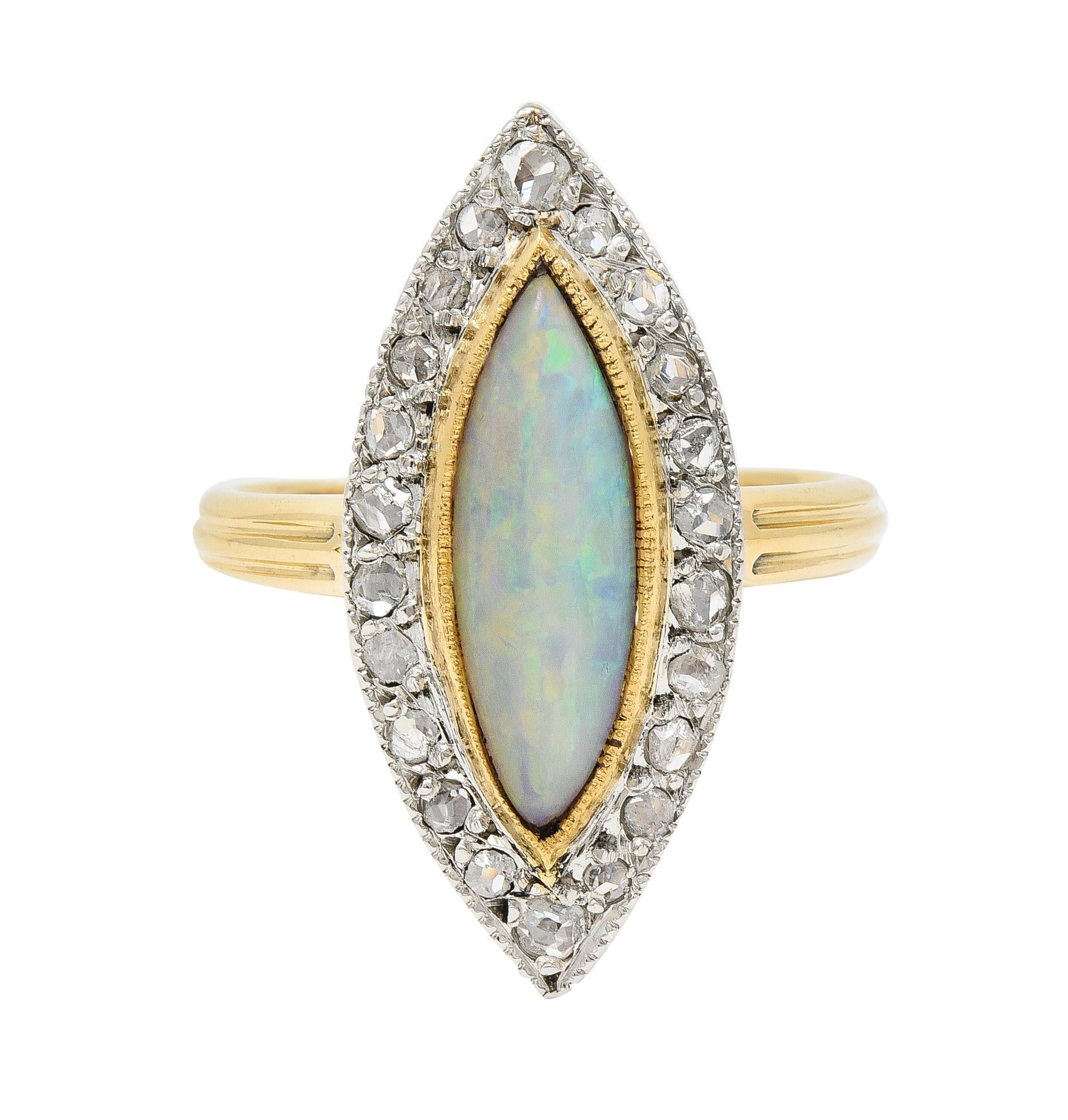 Edwardian French Opal Diamond Platinum 18 Karat Yellow Gold Navette Ring