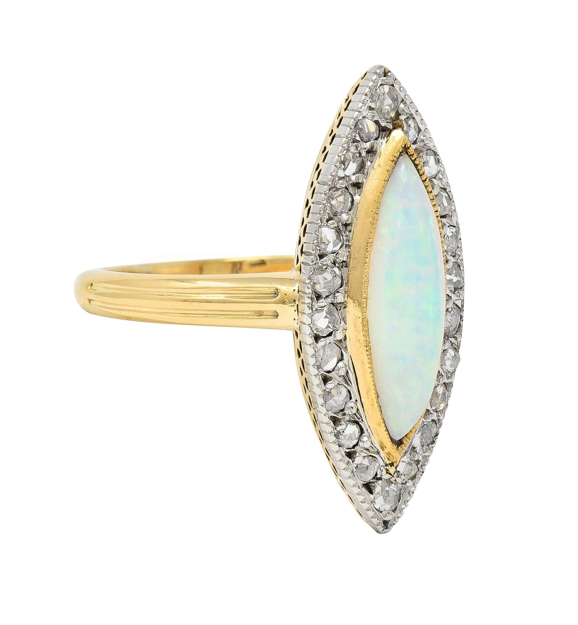 Edwardian French Opal Diamond Platinum 18 Karat Yellow Gold Navette Ring