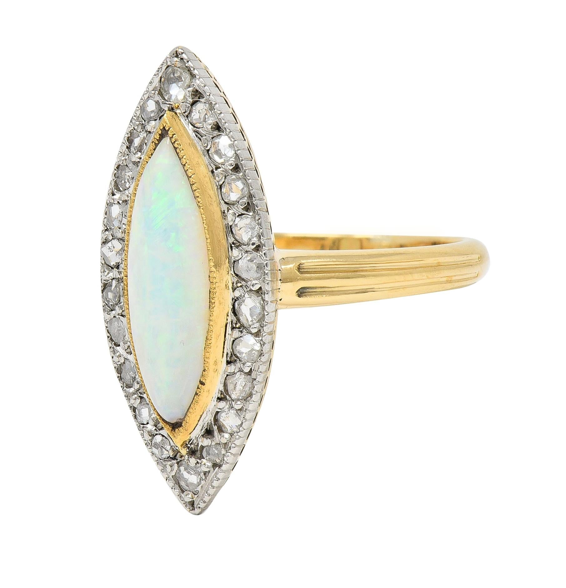 Edwardian French Opal Diamond Platinum 18 Karat Yellow Gold Navette Ring