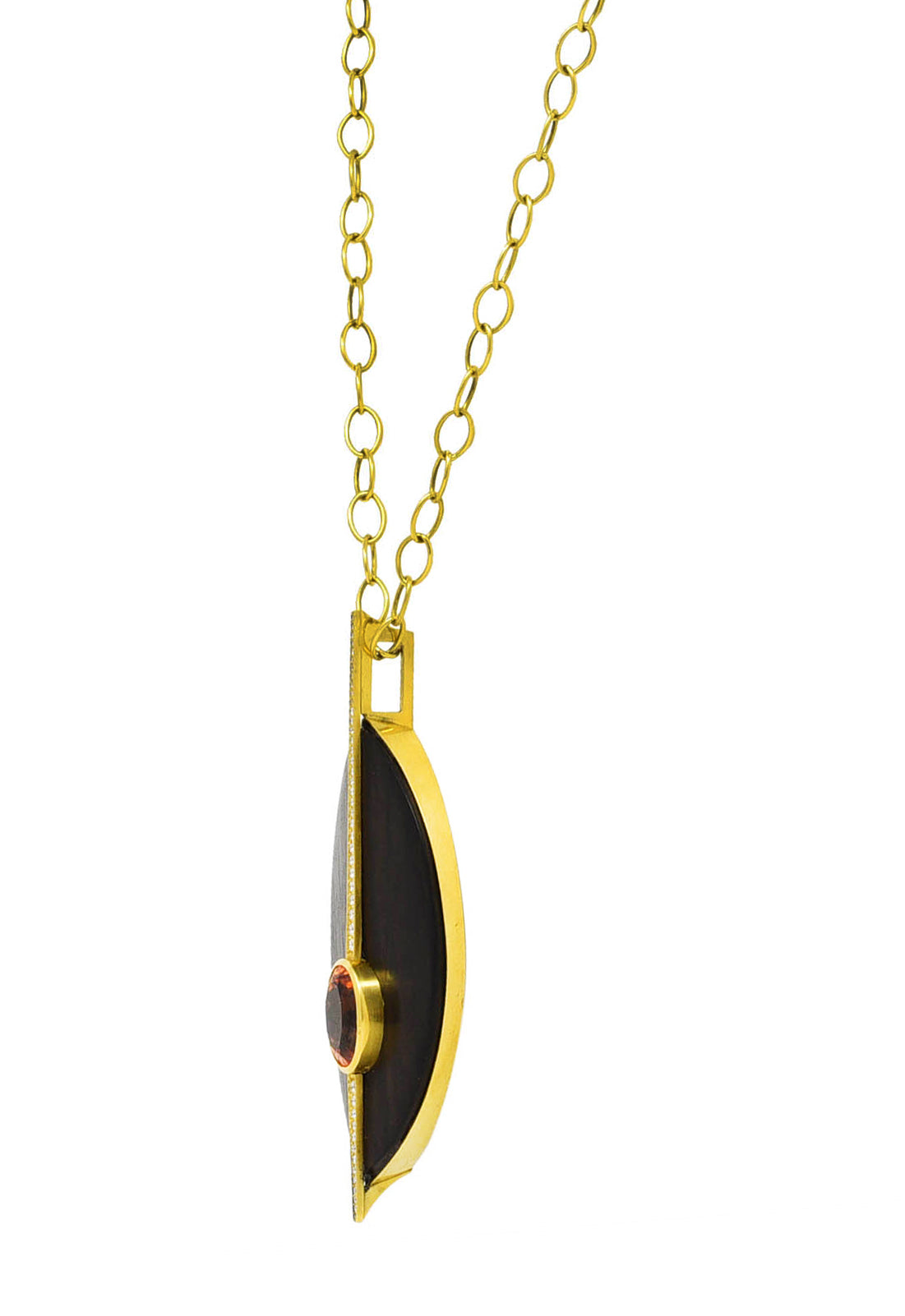 Vintage Garnet Diamond Wood 18 Karat Yellow Gold Modernist Pendant Necklace Wilson's Estate Jewelry