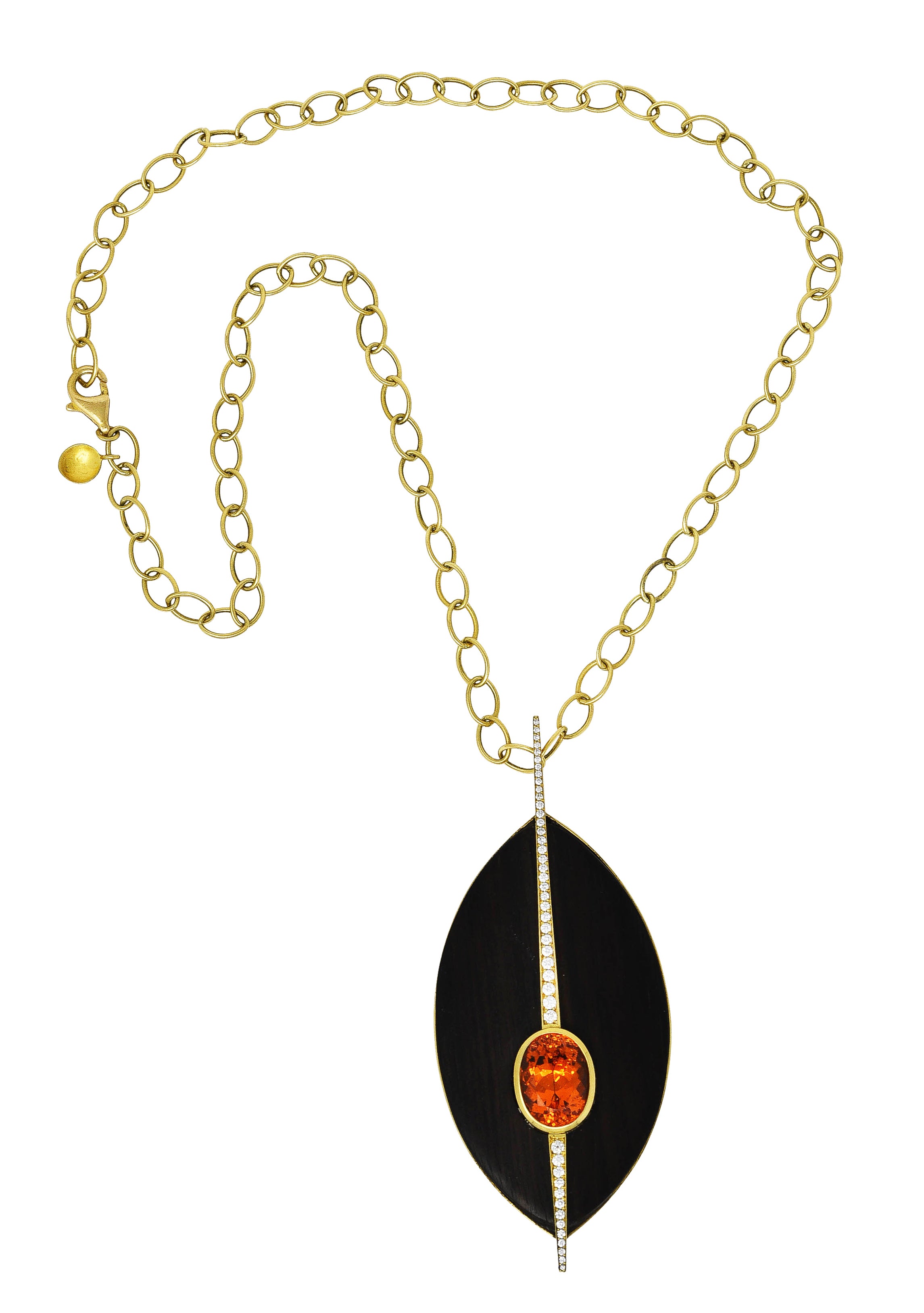 Vintage Garnet Diamond Wood 18 Karat Yellow Gold Modernist Pendant Necklace Wilson's Estate Jewelry