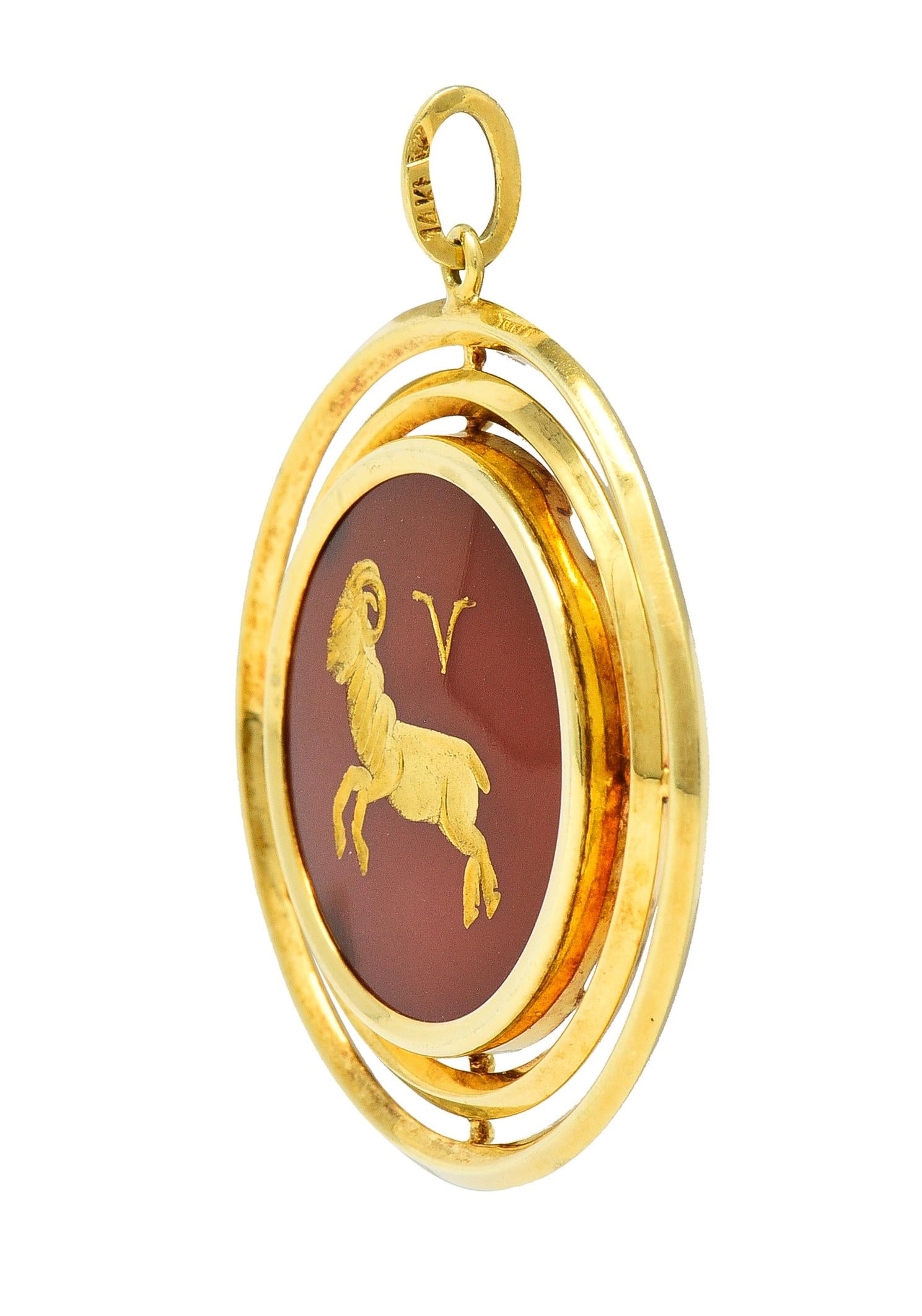 1970's Carnelian 14 Karat Yellow Gold Aries Zodiac Intaglio Vintage Pendant