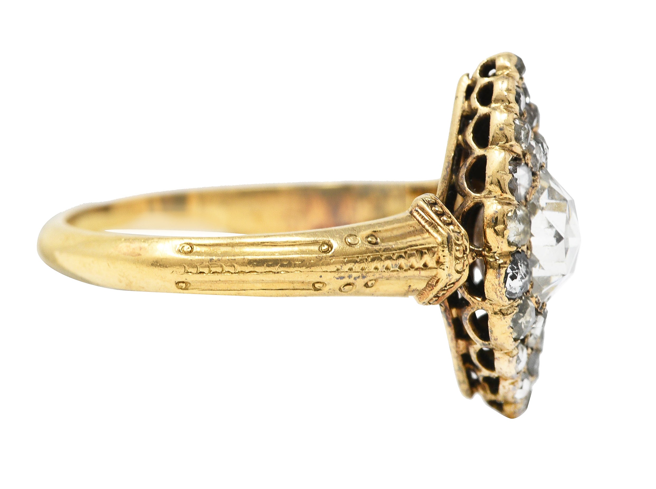 Early Victorian Rose Cut Diamond 18 Karat Yellow Gold Antique Navette Alternative Cluster Ring Wilson's Estate Jewelry