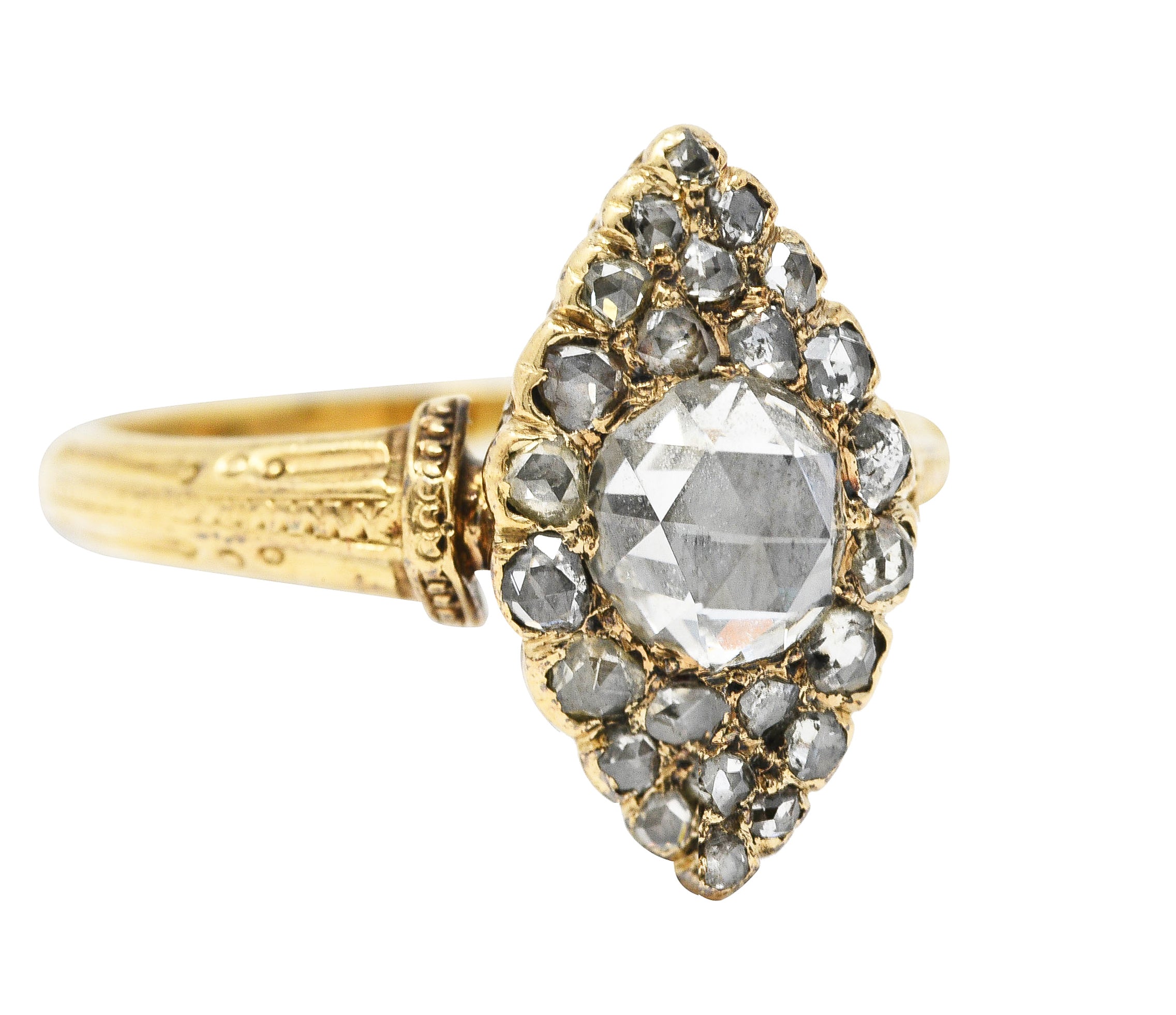 Early Victorian Rose Cut Diamond 18 Karat Yellow Gold Antique Navette Alternative Cluster Ring Wilson's Estate Jewelry