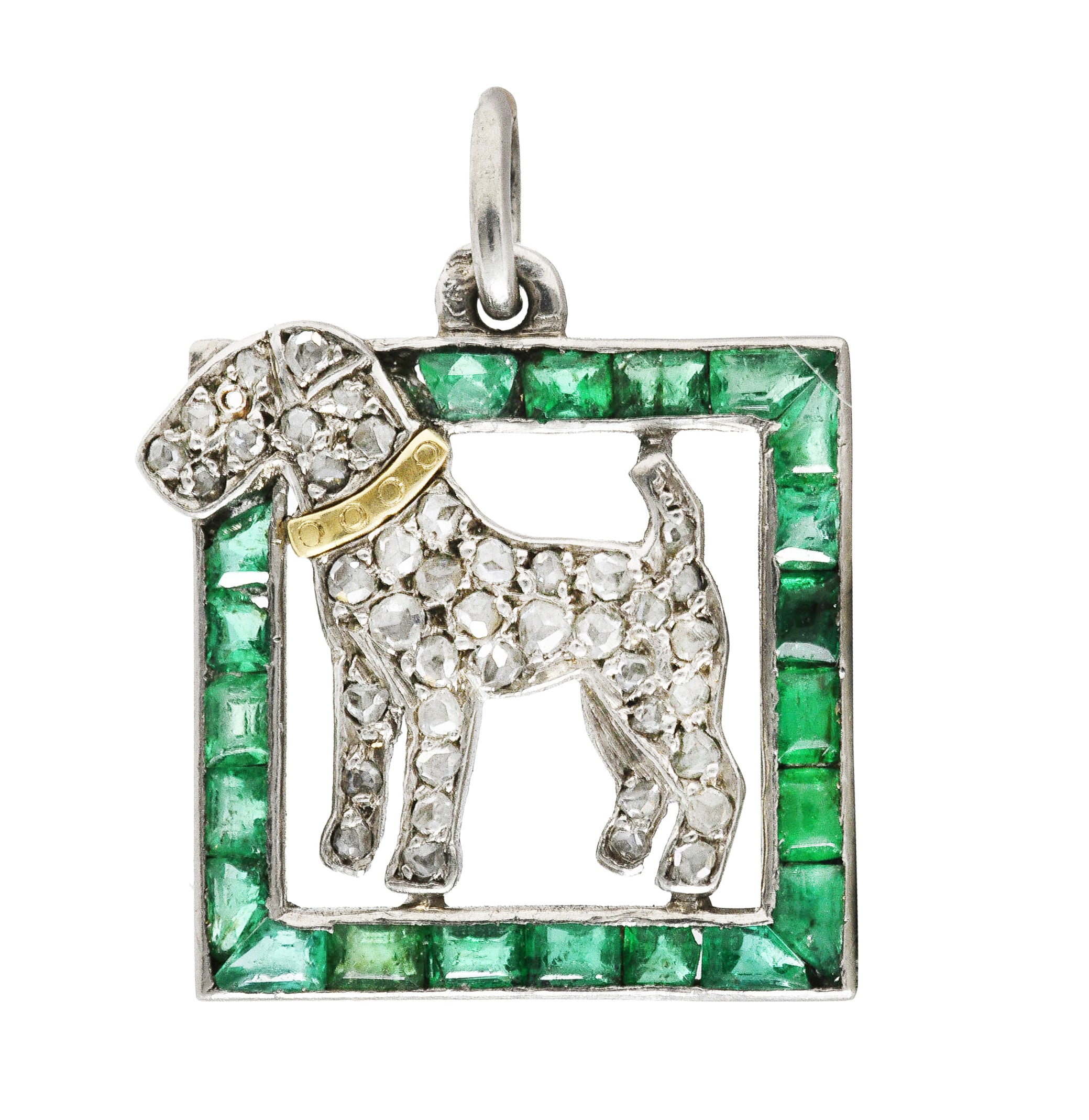 French Art Deco Emerald Diamond Platinum 18 Karat Yellow Gold Dog Charm Wilson's Estate Jewelry