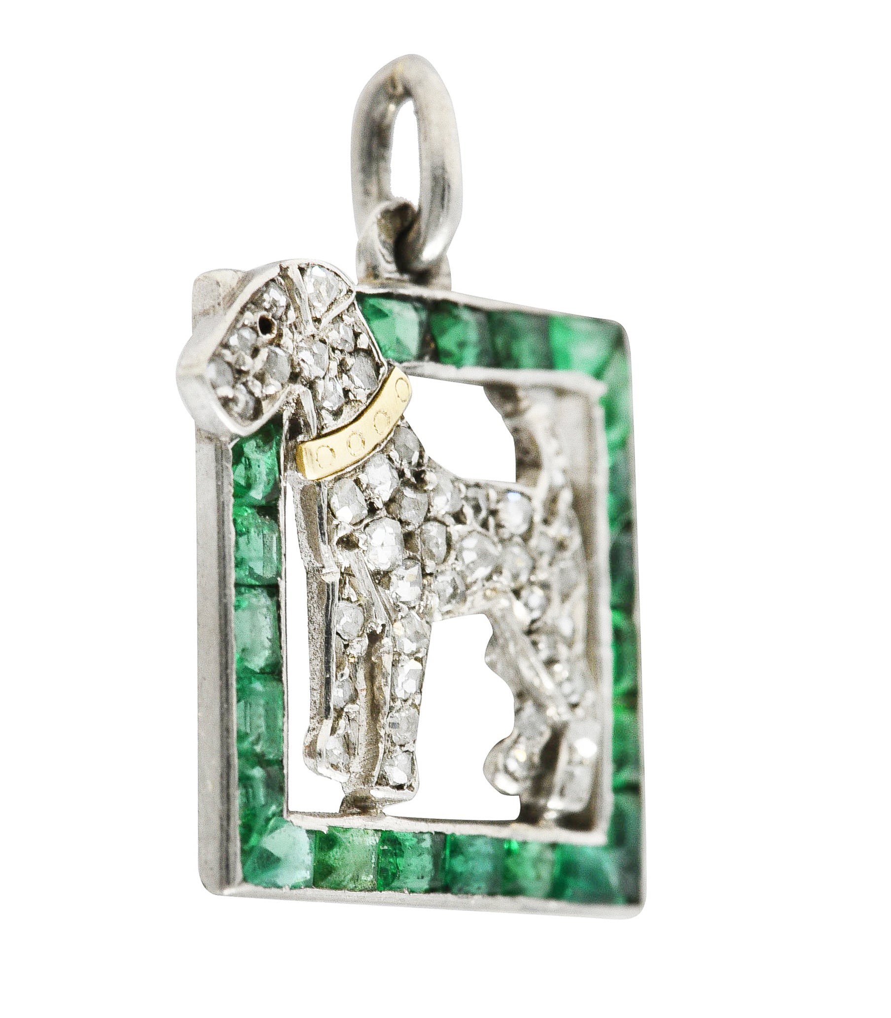 French Art Deco Emerald Diamond Platinum 18 Karat Yellow Gold Dog Charm Wilson's Estate Jewelry