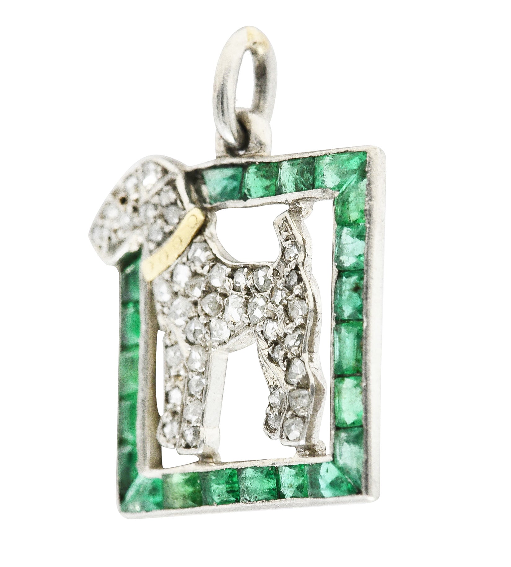 French Art Deco Emerald Diamond Platinum 18 Karat Yellow Gold Dog Charm Wilson's Estate Jewelry