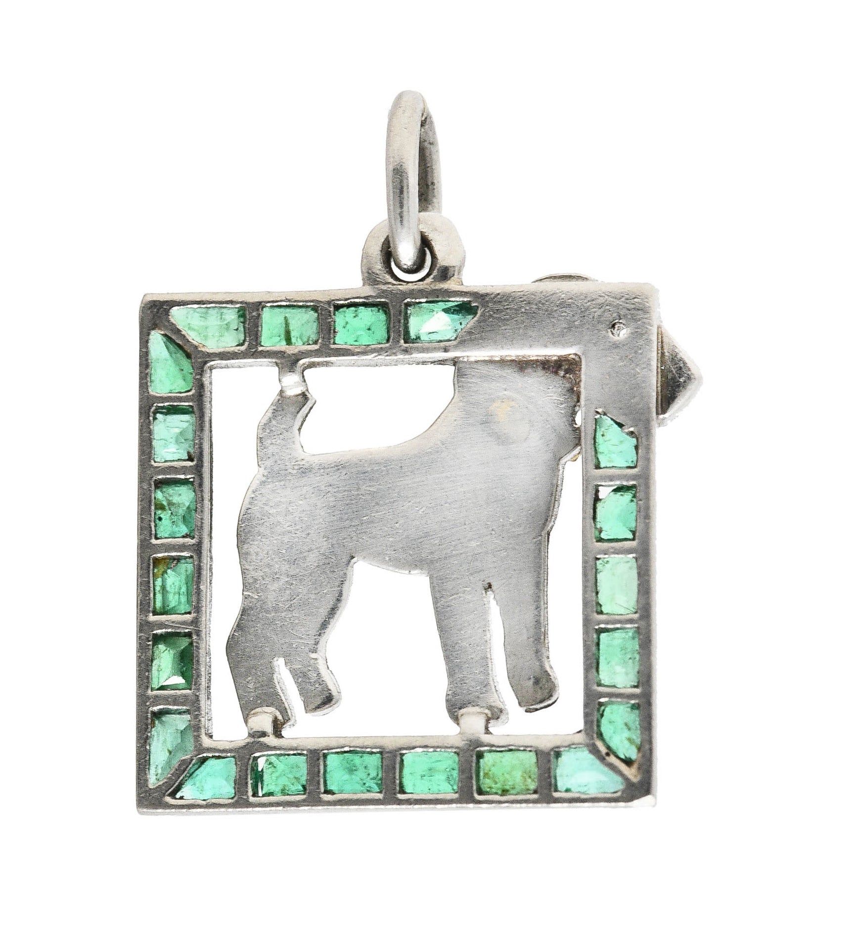 French Art Deco Emerald Diamond Platinum 18 Karat Yellow Gold Dog Charm Wilson's Estate Jewelry