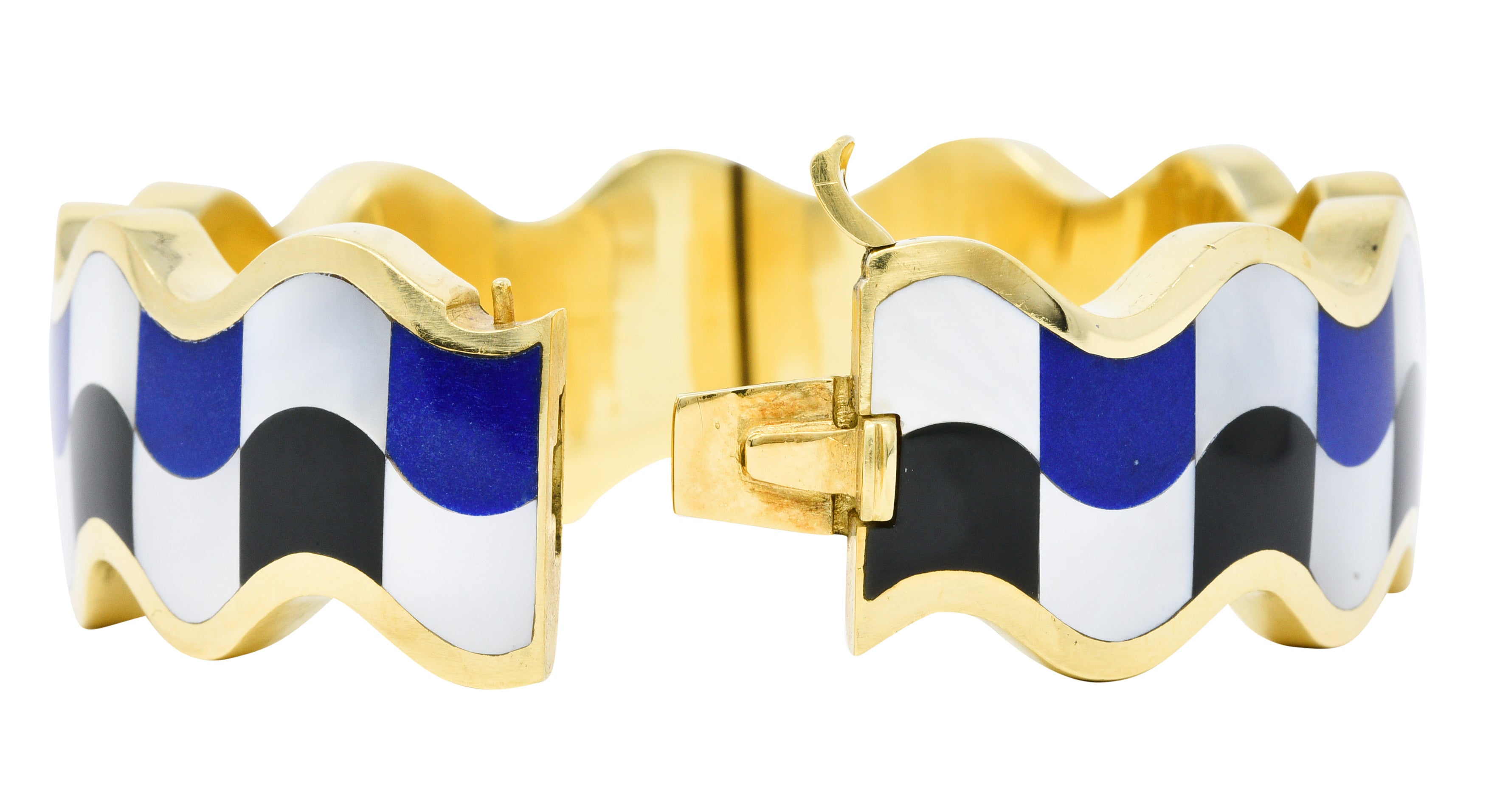 Angela Cummings Tiffany & Co. Inlaid Onyx Lapis Mother-Of-Pearl 18 Karat Gold Wave Bangle Braceletbracelet - Wilson's Estate Jewelry