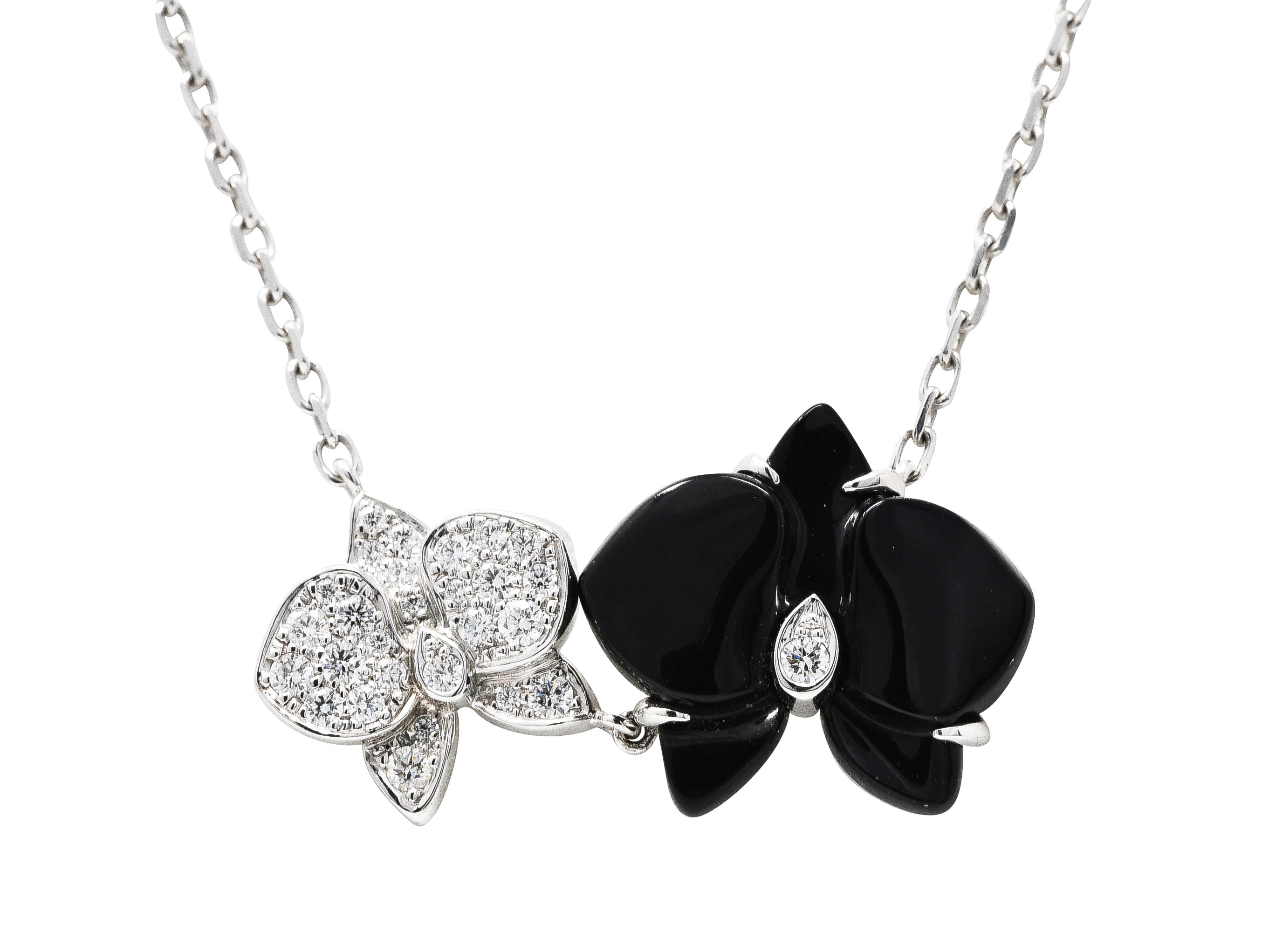 Cartier French Pave Diamond 18 Karat White Gold Caresse d'Orchidèes Flower Station Necklace Wilson's Estate Jewelry