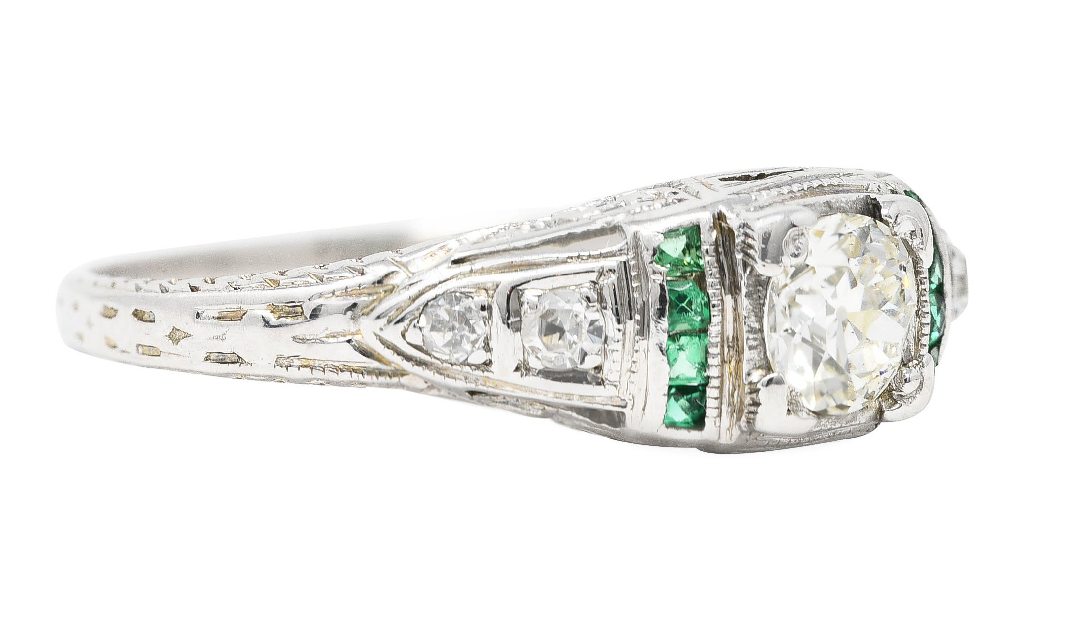 Art Deco Old European Cut Diamond Emerald 18 Karat White Gold Foliate Engagement Ring Wilson's Estate Jewelry