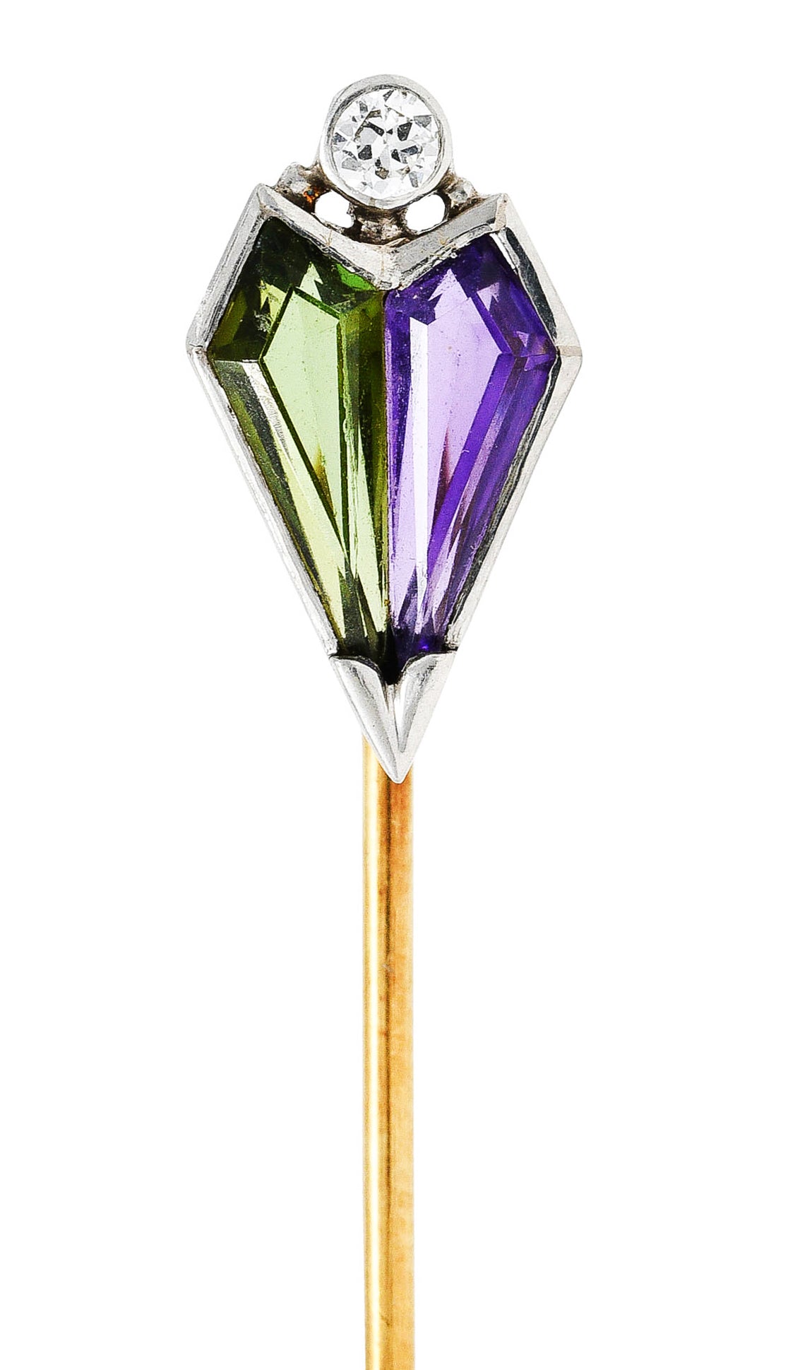 .11111 Carter Gough & Co. Diamond Amethyst Green Tourmaline Platinum 14 Karat Gold StickpinStick Pin - Wilson's Estate Jewelry