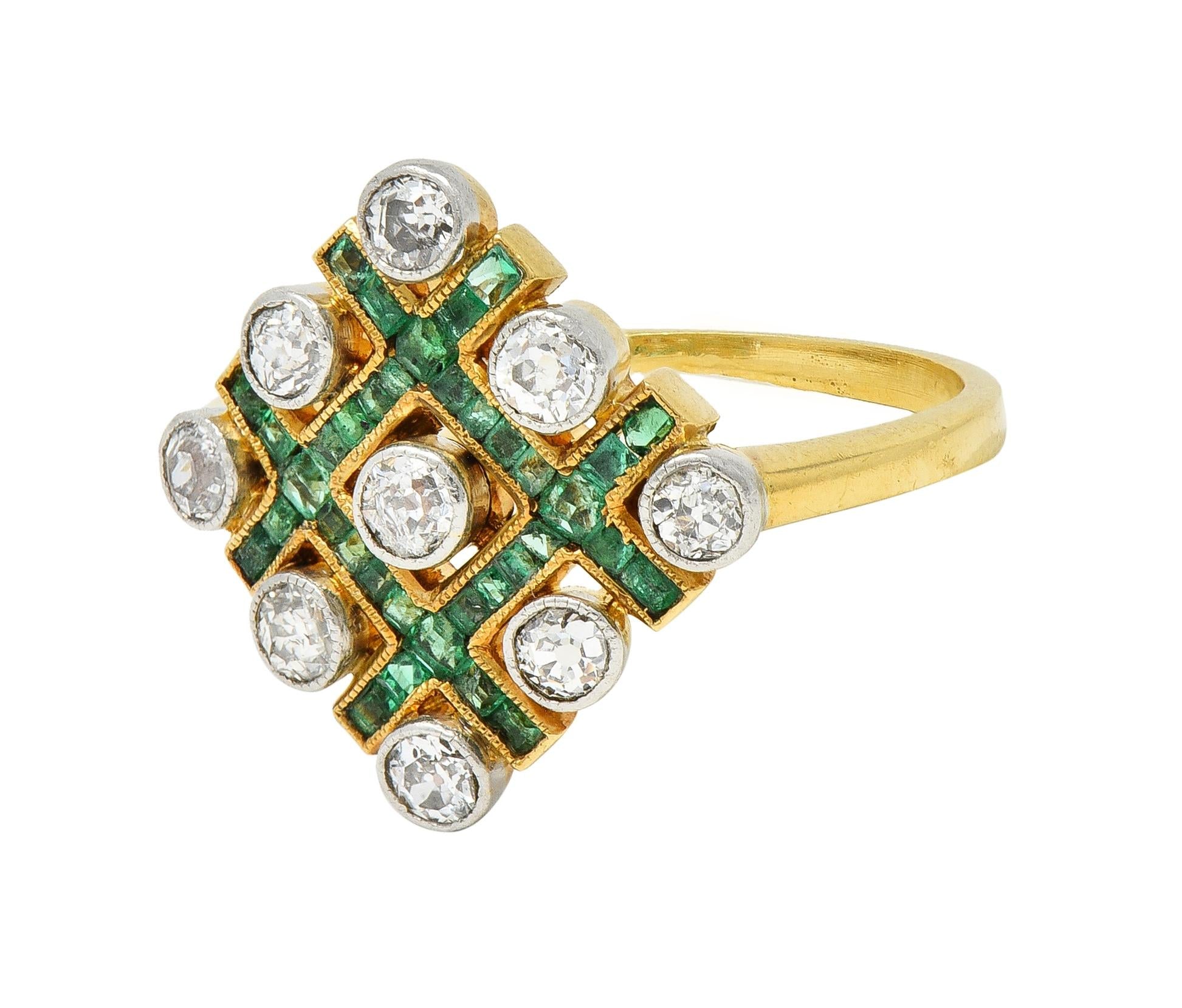 Edwardian 1.59 CTW Diamond Emerald Platinum 18 Karat Gold Checkerboard Ring