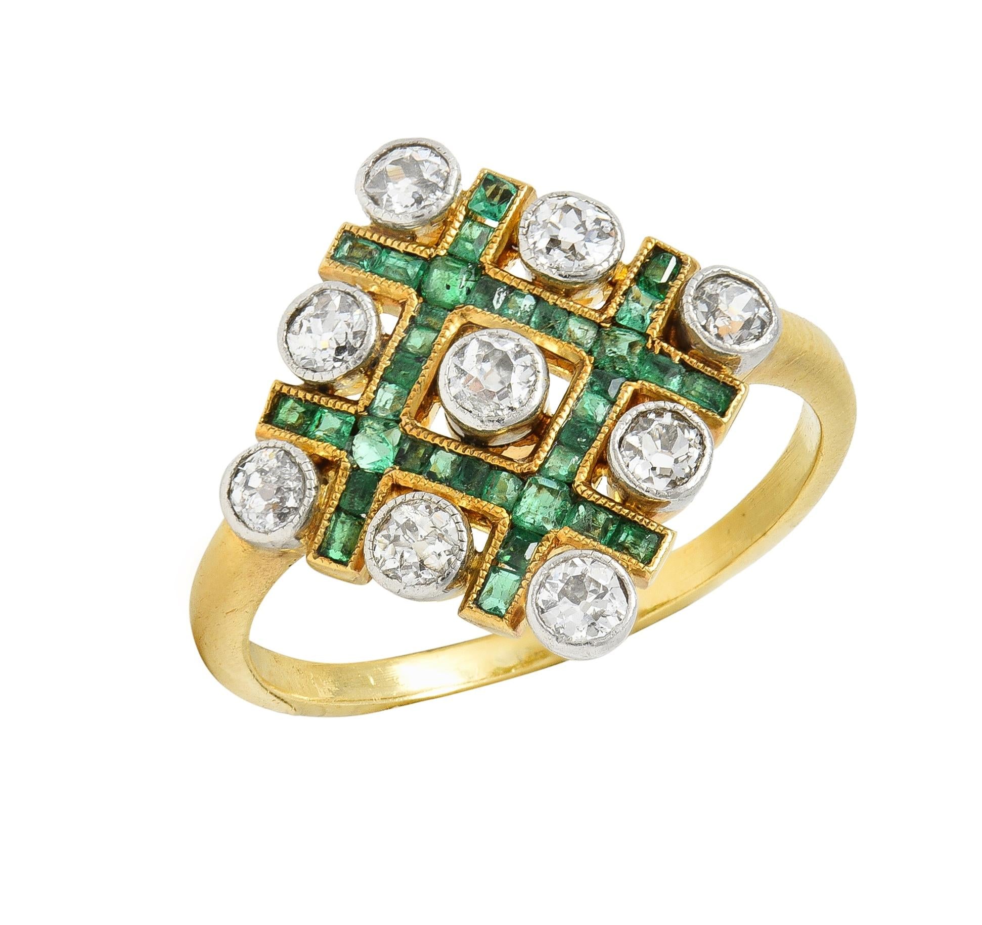 Edwardian 1.59 CTW Diamond Emerald Platinum 18 Karat Gold Checkerboard Ring