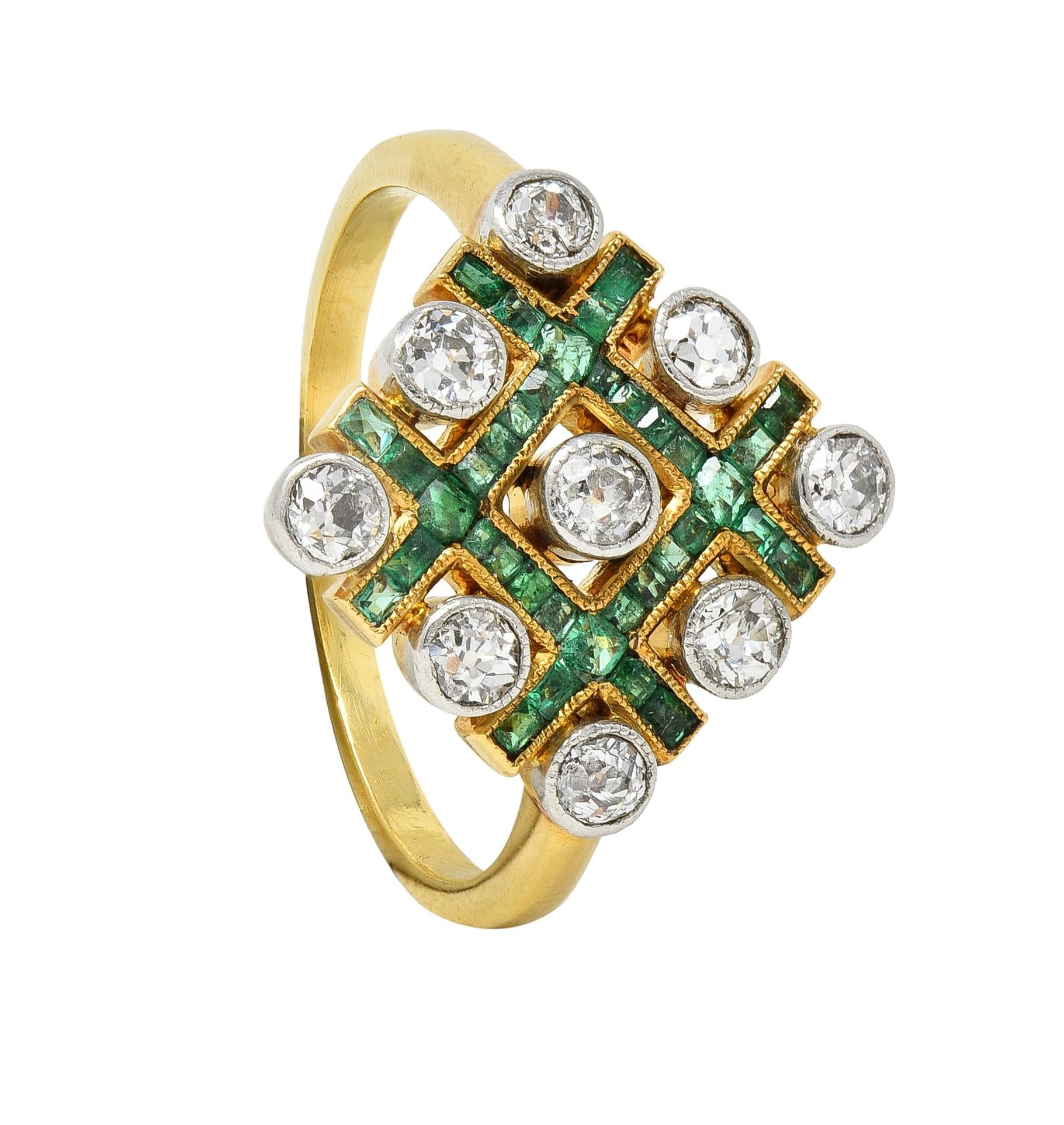 Edwardian 1.59 CTW Diamond Emerald Platinum 18 Karat Gold Checkerboard Ring