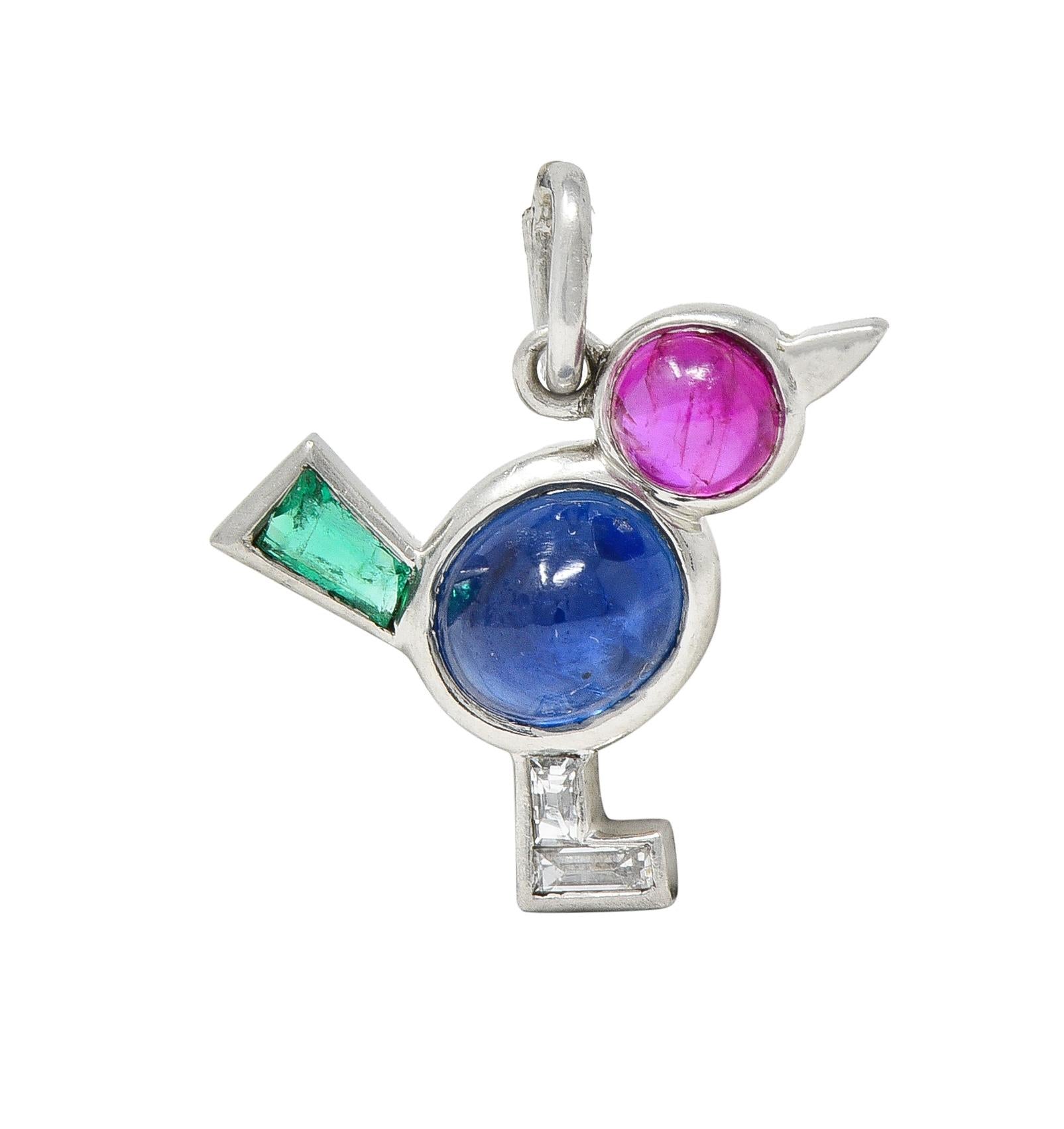 Art Deco 1.31 CTW Diamond Ruby Sapphire Emerald Platinum Vintage Bird Charm