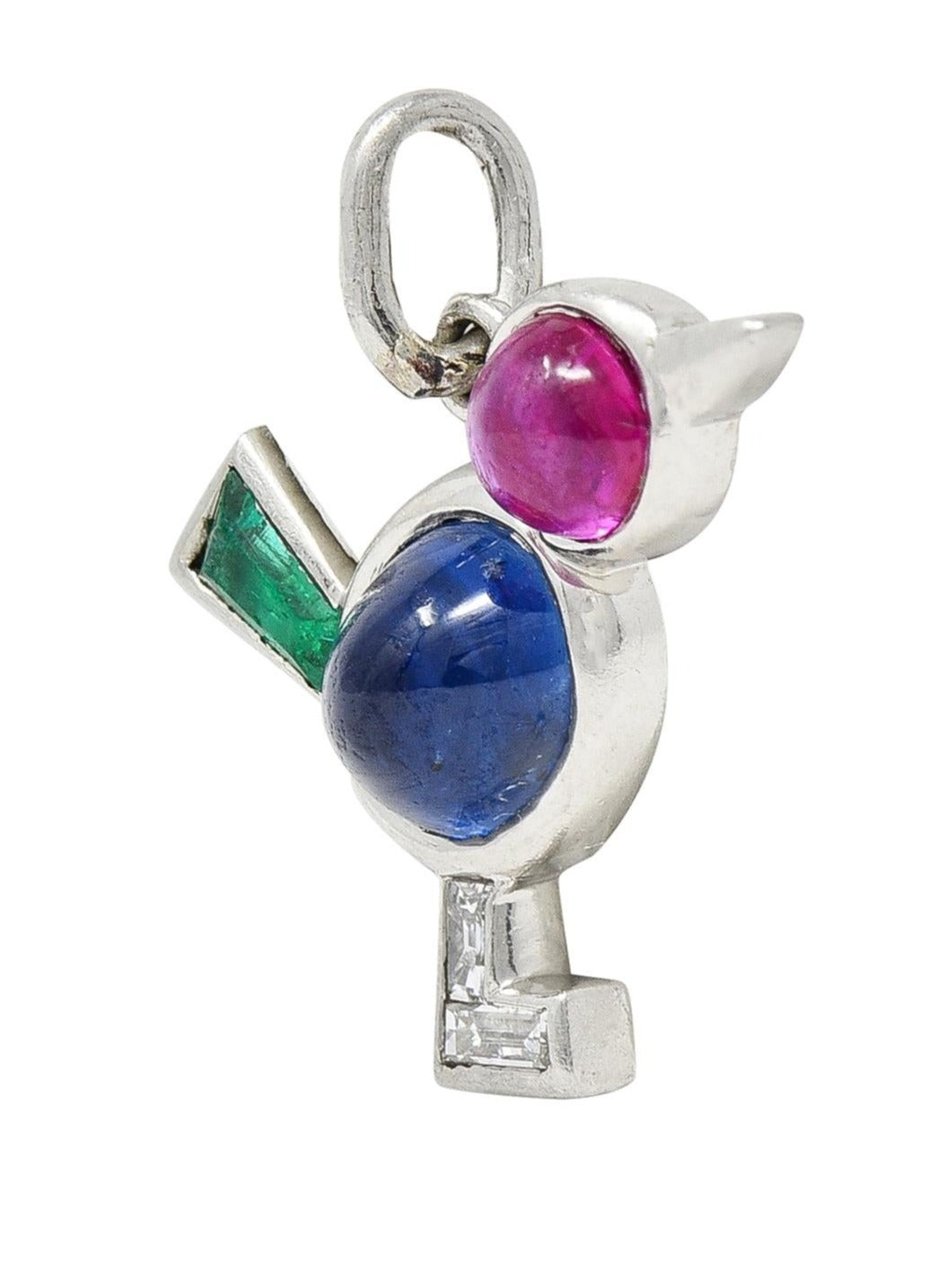 Art Deco 1.31 CTW Diamond Ruby Sapphire Emerald Platinum Vintage Bird Charm