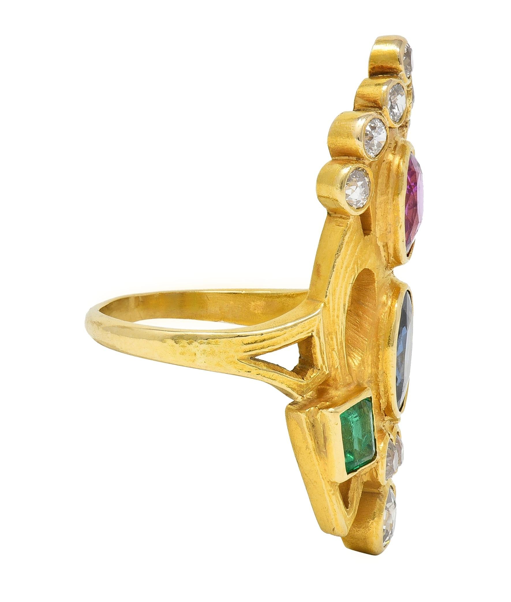 Arts & Crafts 3.73 CTW Ruby Emerald Sapphire Diamond 18 Karat Yellow Gold Ring