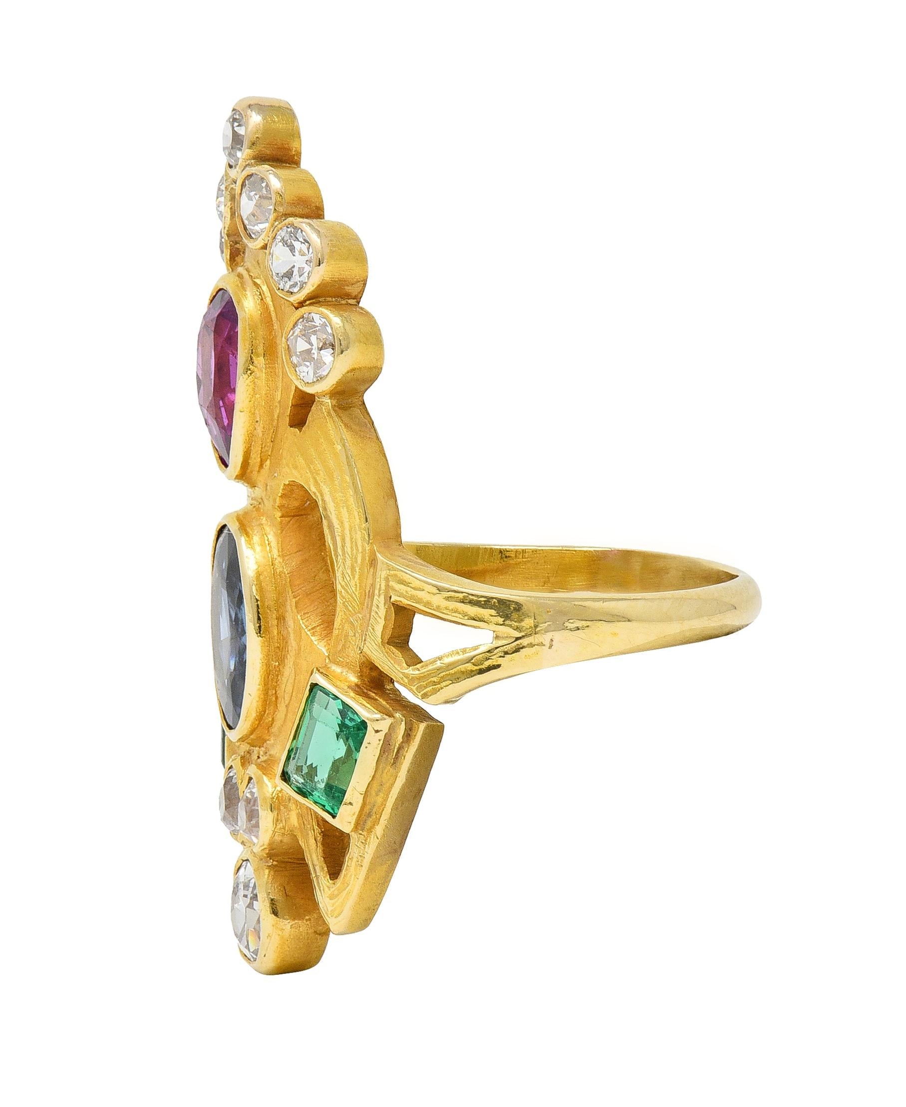 Arts & Crafts 3.73 CTW Ruby Emerald Sapphire Diamond 18 Karat Yellow Gold Ring