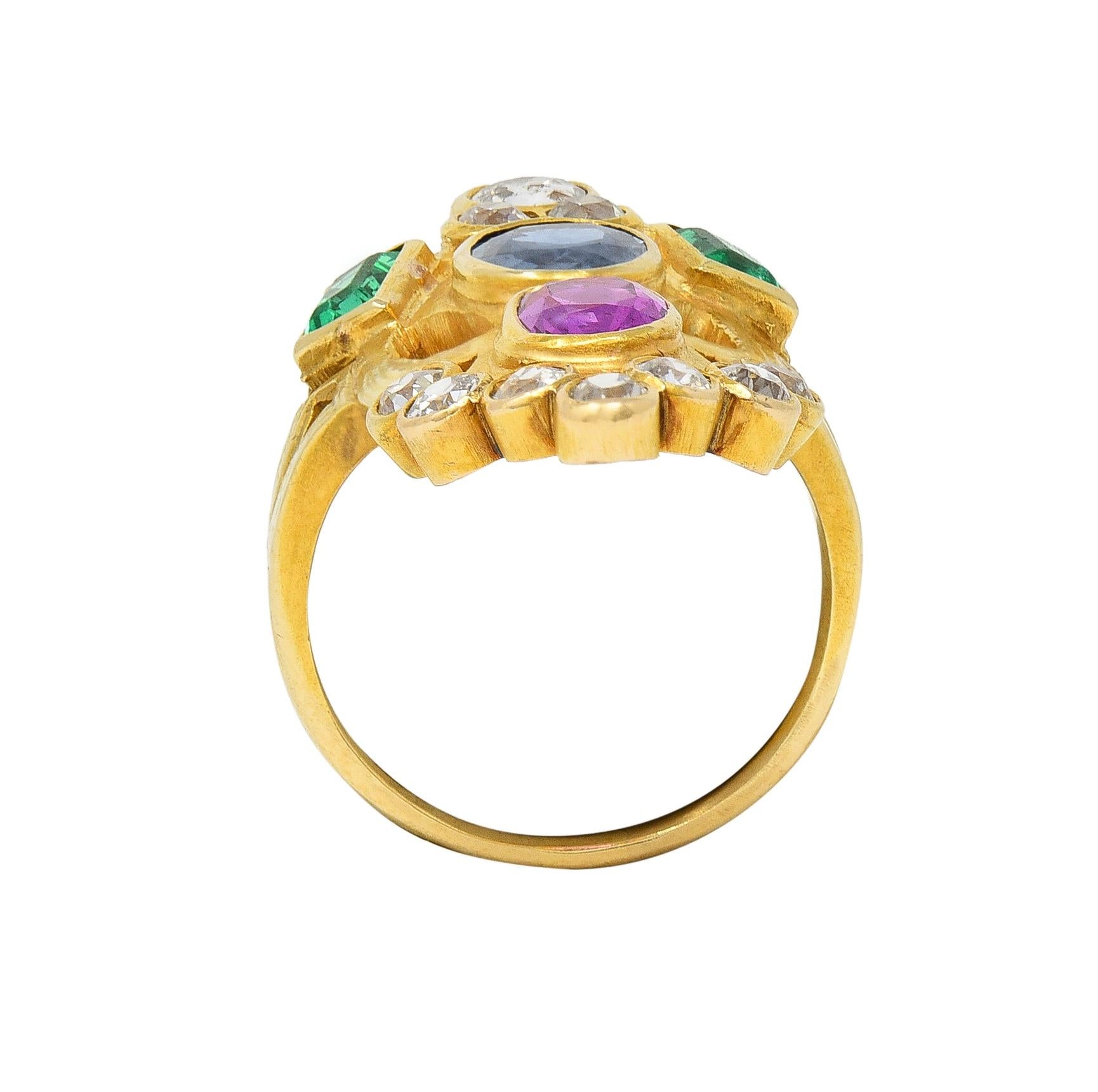 Arts & Crafts 3.73 CTW Ruby Emerald Sapphire Diamond 18 Karat Yellow Gold Ring