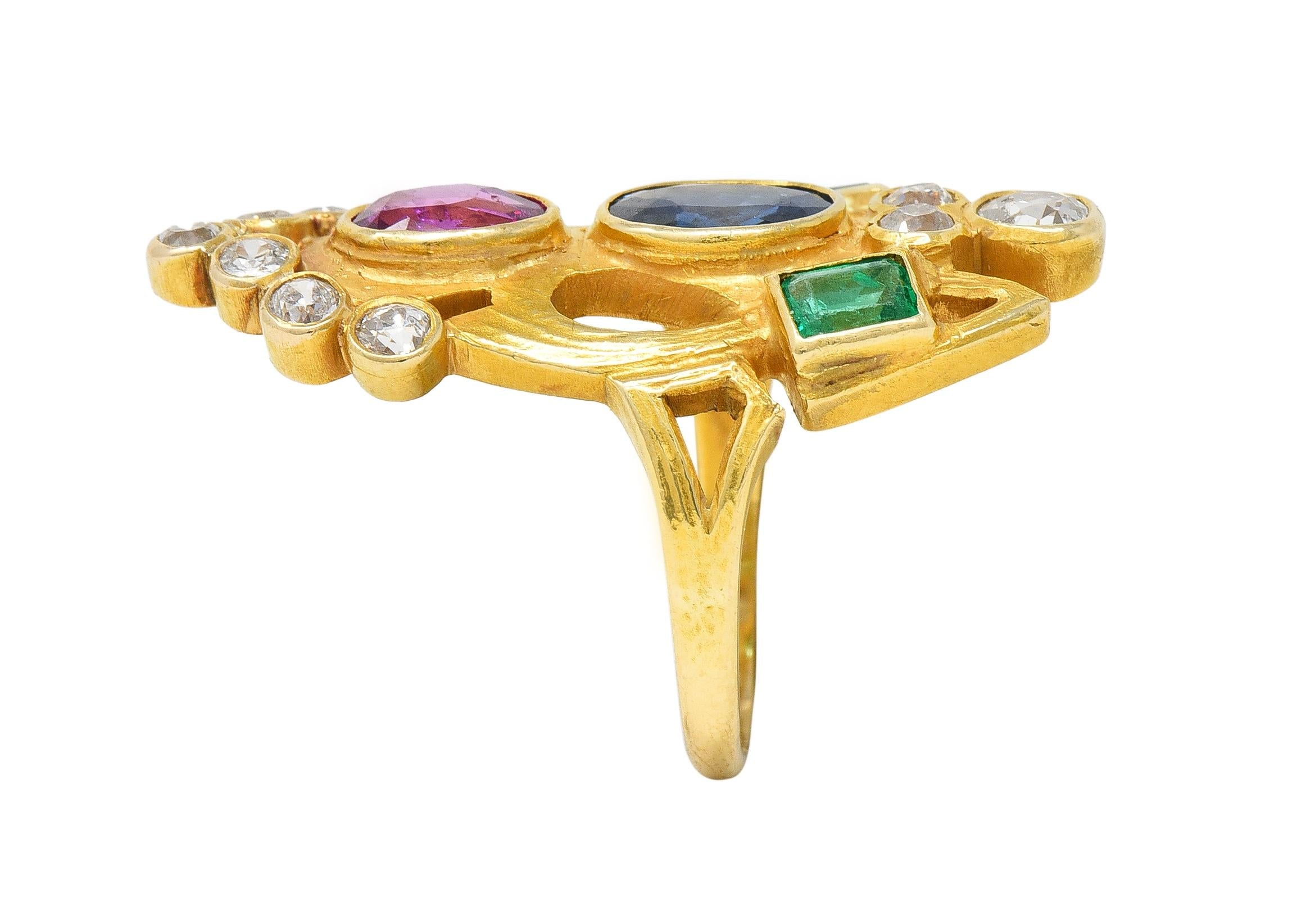 Arts & Crafts 3.73 CTW Ruby Emerald Sapphire Diamond 18 Karat Yellow Gold Ring