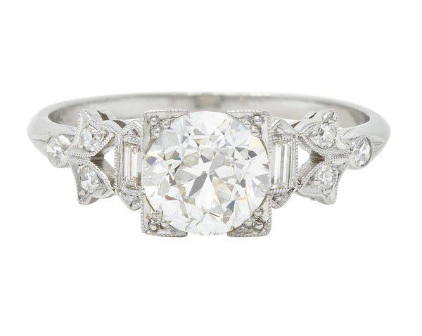 Art Deco 1.69 CTW Old European Diamond Platinum Foliate Vintage Engagement Ring