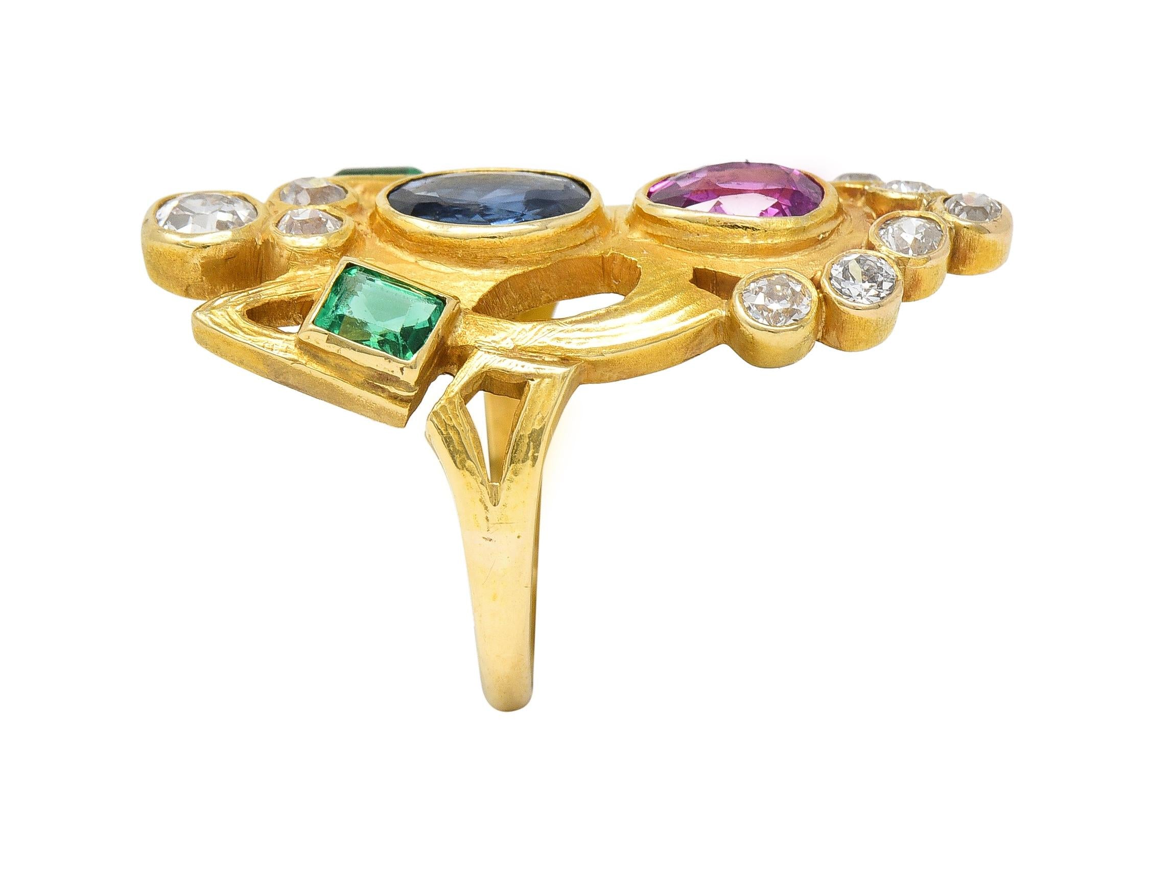 Arts & Crafts 3.73 CTW Ruby Emerald Sapphire Diamond 18 Karat Yellow Gold Ring