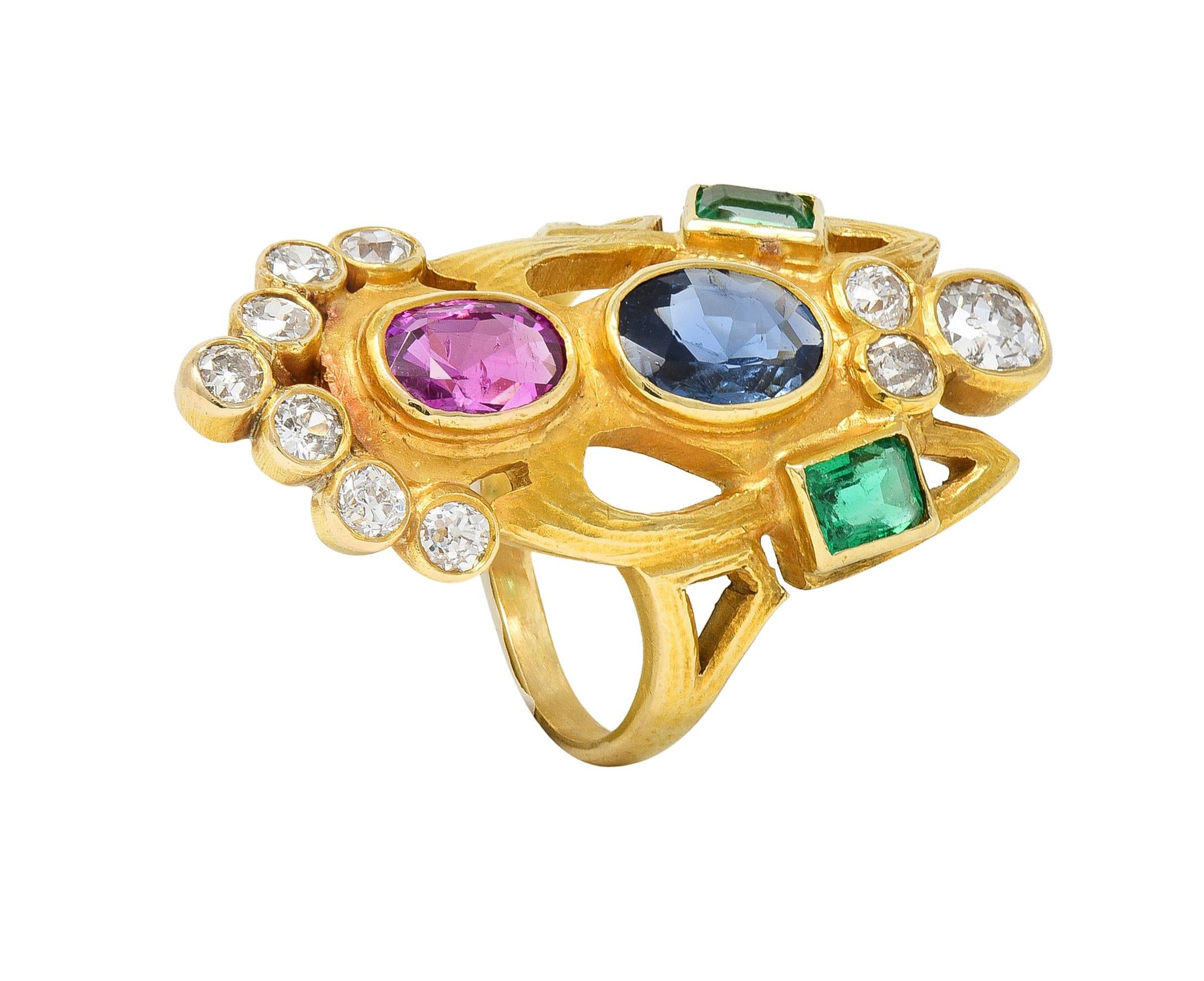 Arts & Crafts 3.73 CTW Ruby Emerald Sapphire Diamond 18 Karat Yellow Gold Ring