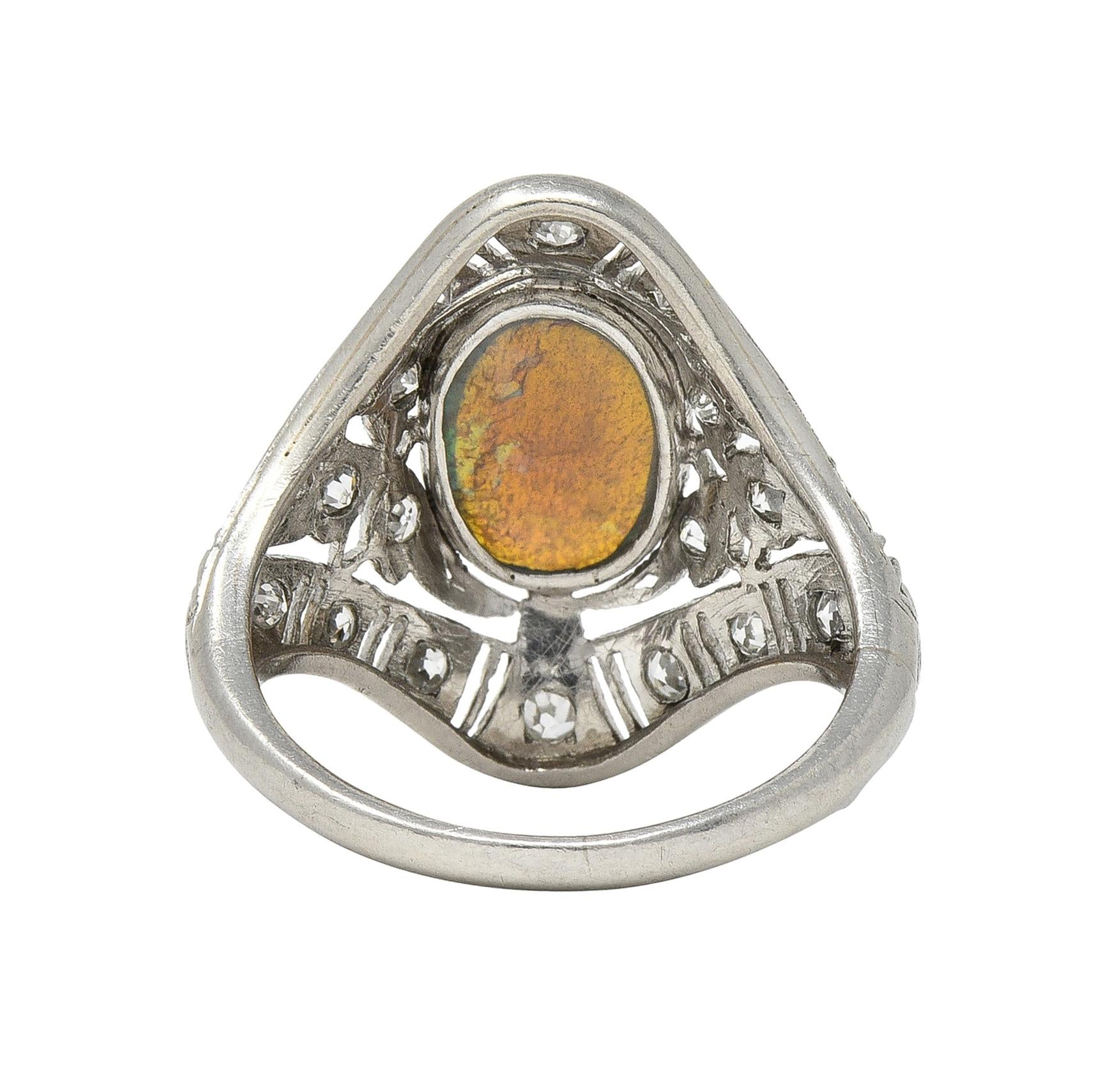 Art Deco Jelly Opal Cabochon Diamond Platinum Lotus Vintage Filigree Dinner Ring