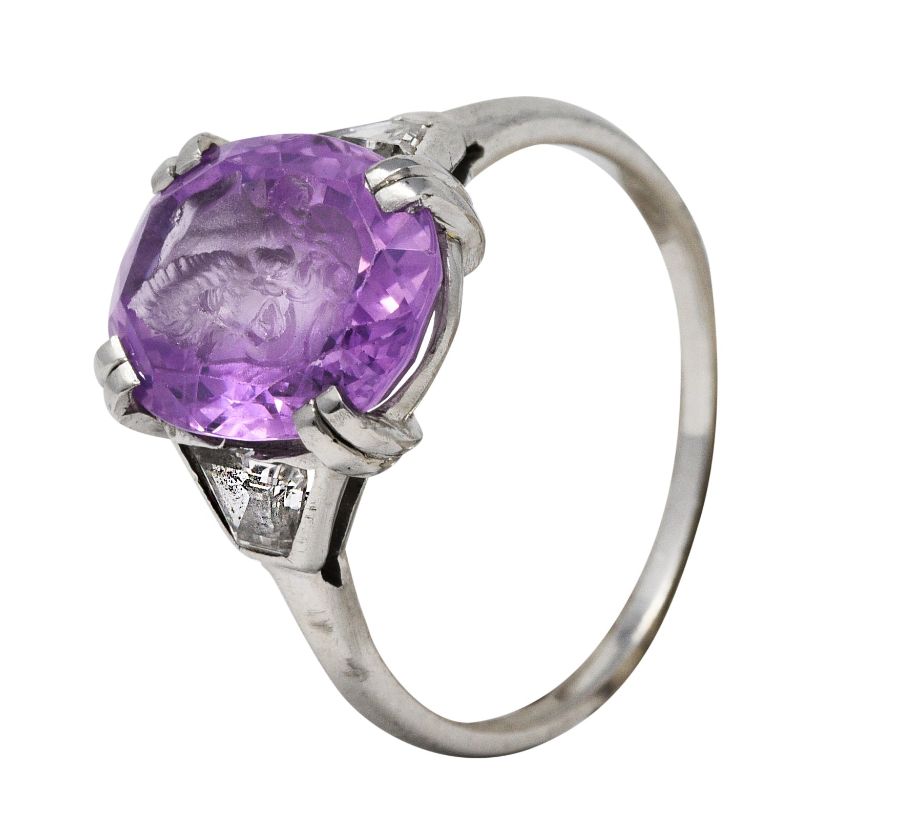 Neoclassical 4.95 CTW Purple Sapphire Diamond Platinum Zeus Intaglio Art Deco RingRing - Wilson's Estate Jewelry