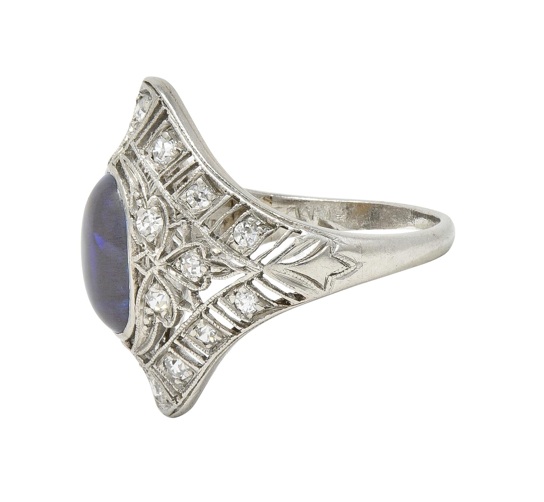 Art Deco Jelly Opal Cabochon Diamond Platinum Lotus Vintage Filigree Dinner Ring