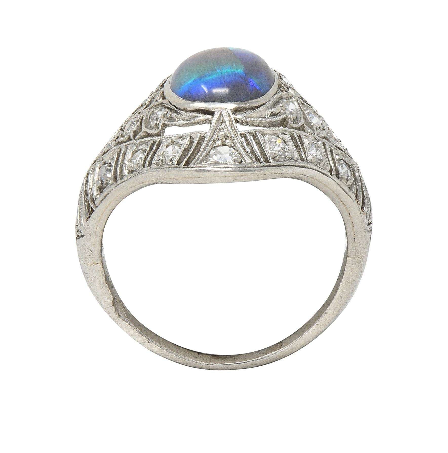 Art Deco Jelly Opal Cabochon Diamond Platinum Lotus Vintage Filigree Dinner Ring