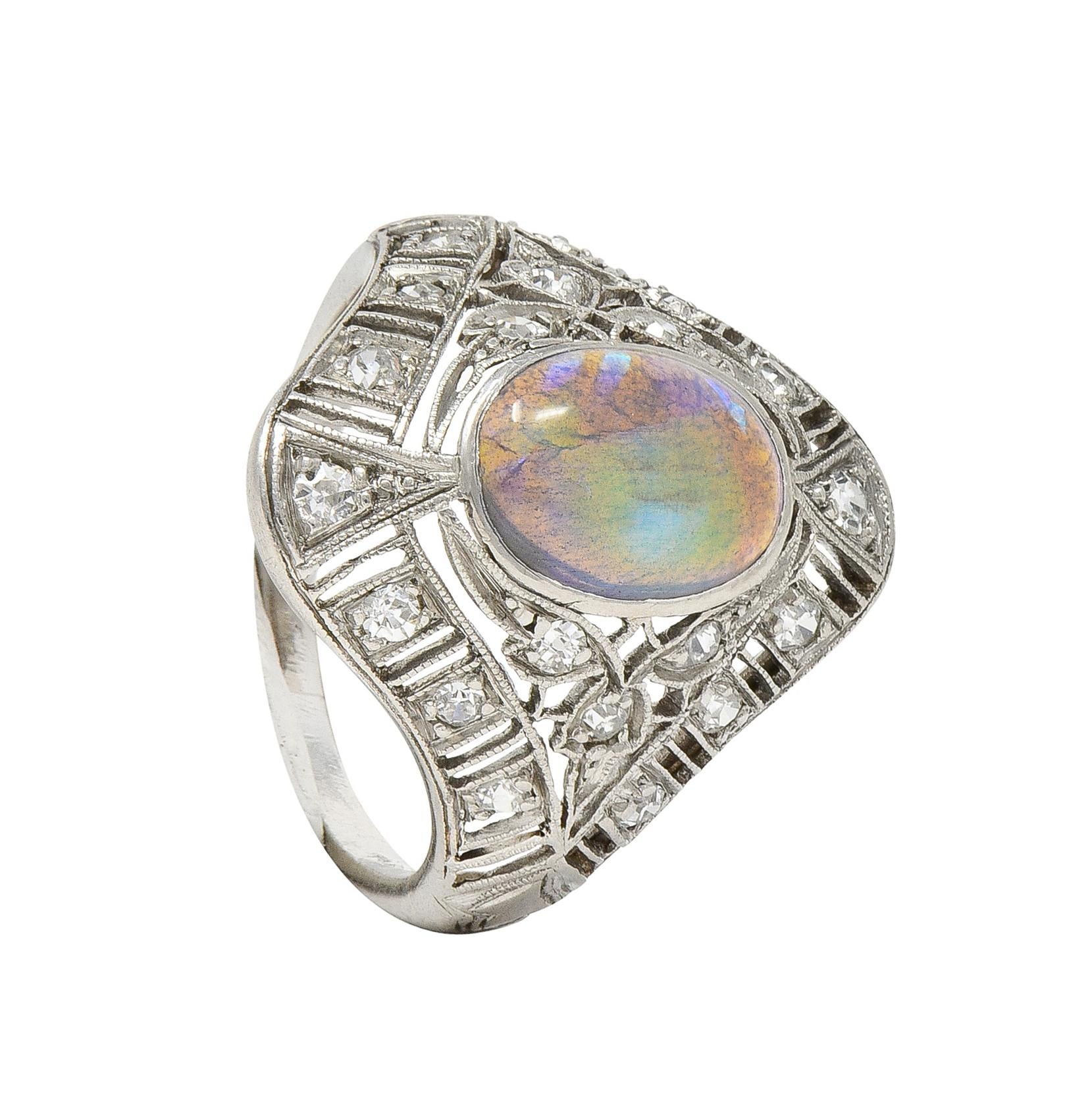 Art Deco Jelly Opal Cabochon Diamond Platinum Lotus Vintage Filigree Dinner Ring