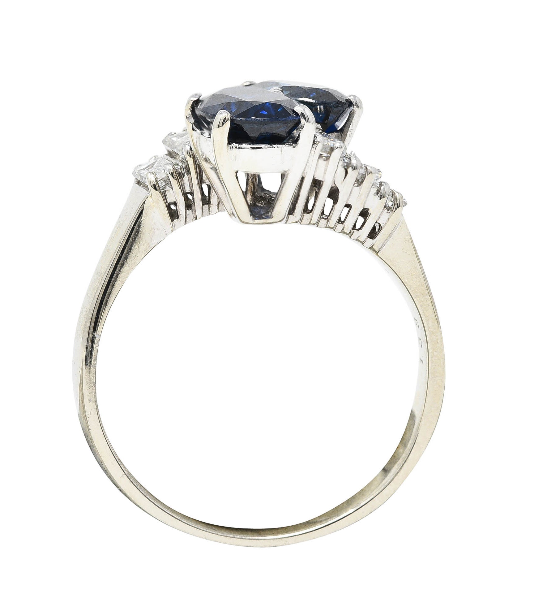 Vintage 3.54 CTW Oval Cut Sapphire Baguette Cut Diamond 18 Karat White Gold Bypass Ring Wilson's Estate Jewelry