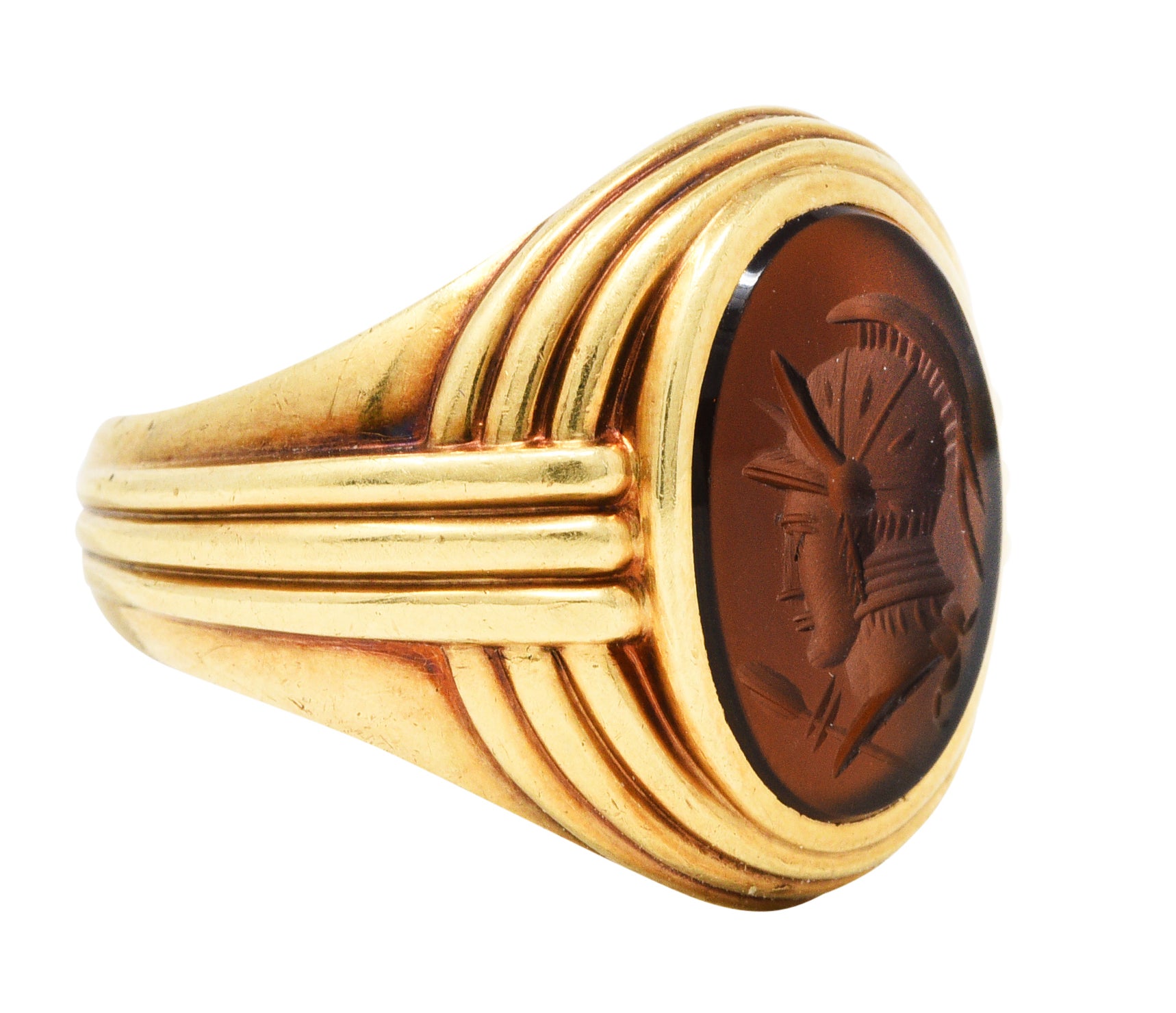 1939 Jones & Woodland Co. Sard Carnelian Intaglio 14 Karat Gold Warrior Signet RingRing - Wilson's Estate Jewelry