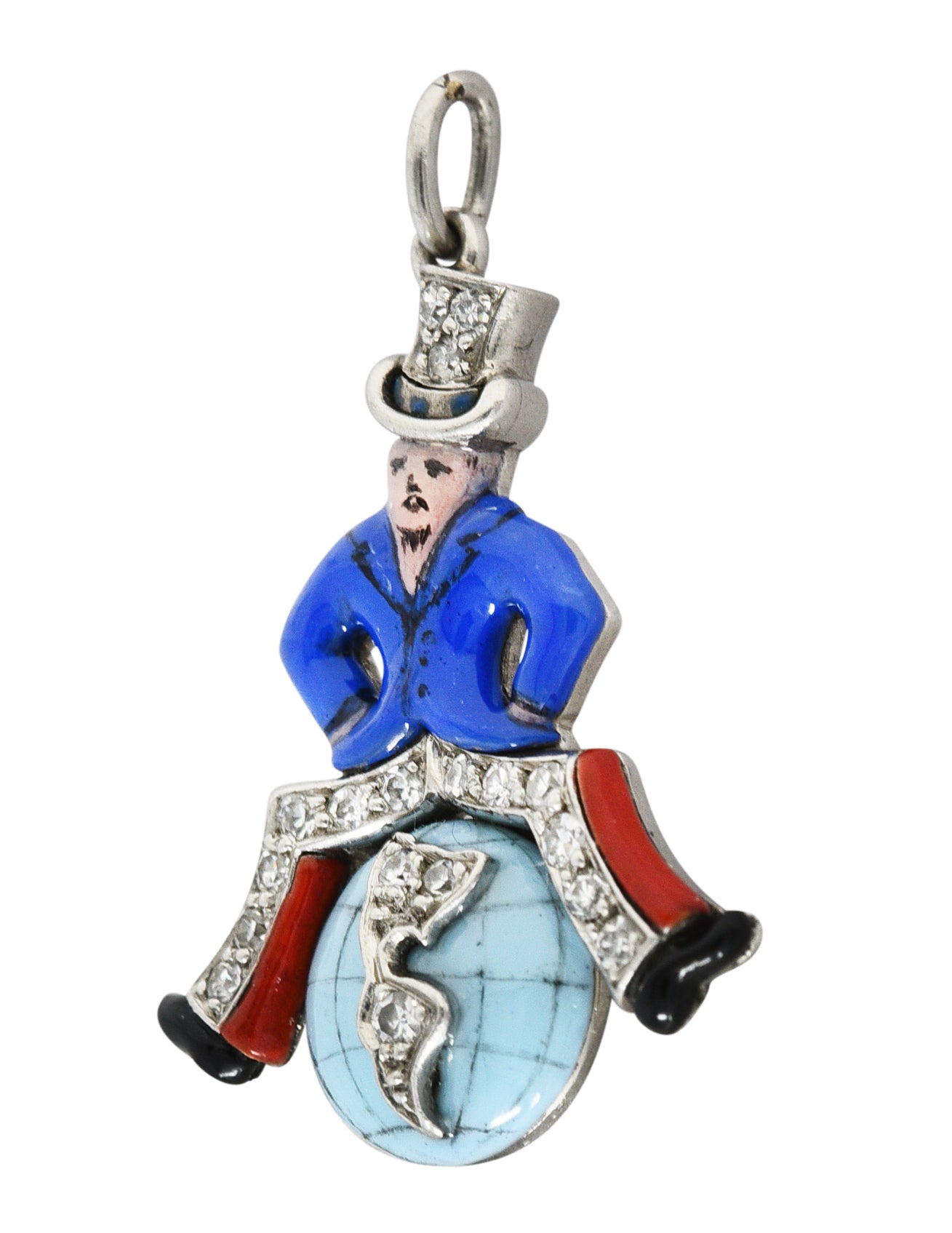 Art Deco Diamond Enamel Platinum Uncle Sam Sitting Globe Charm Wilson's Estate Jewelry