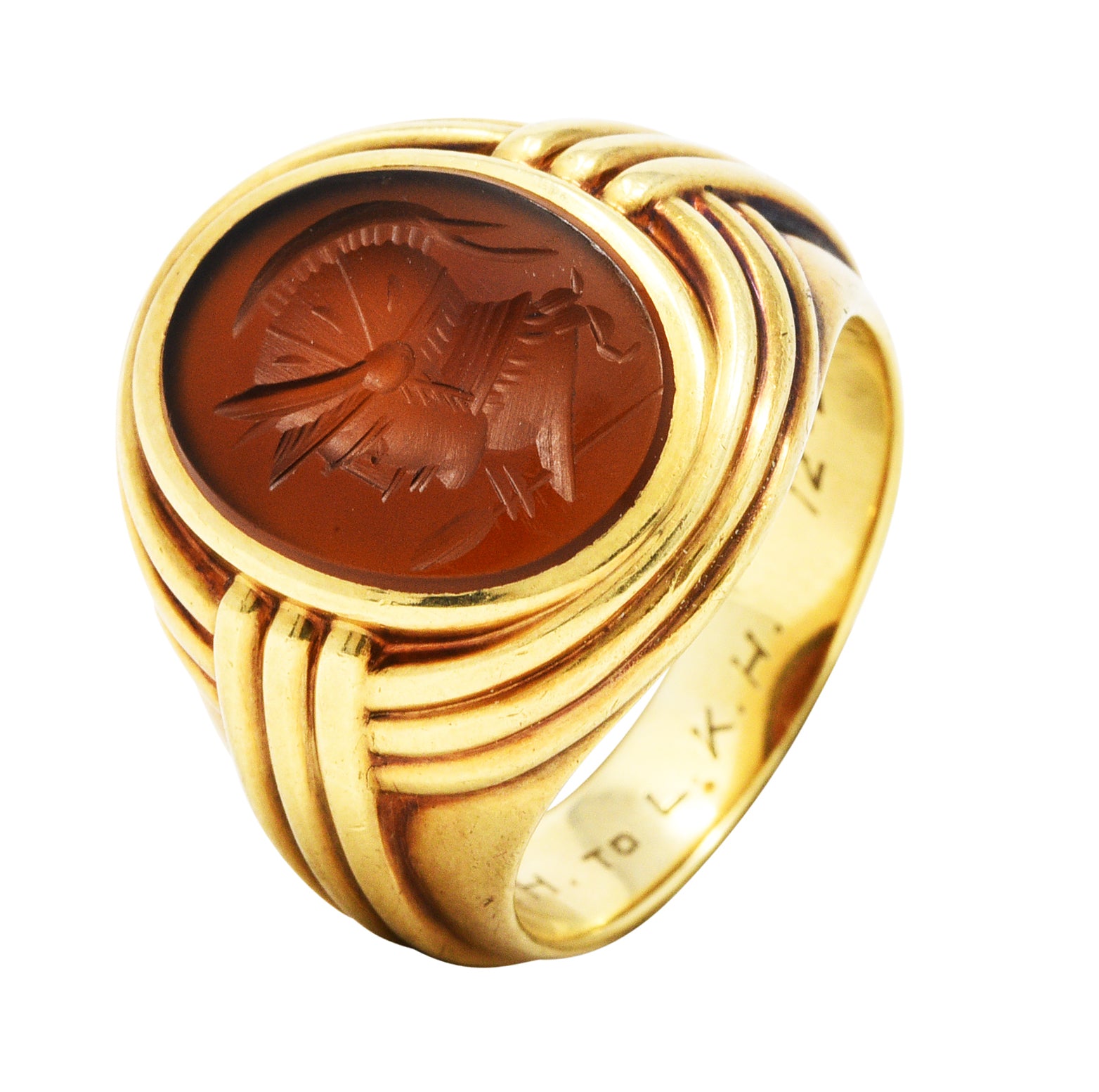 1939 Jones & Woodland Co. Sard Carnelian Intaglio 14 Karat Gold Warrior Signet RingRing - Wilson's Estate Jewelry