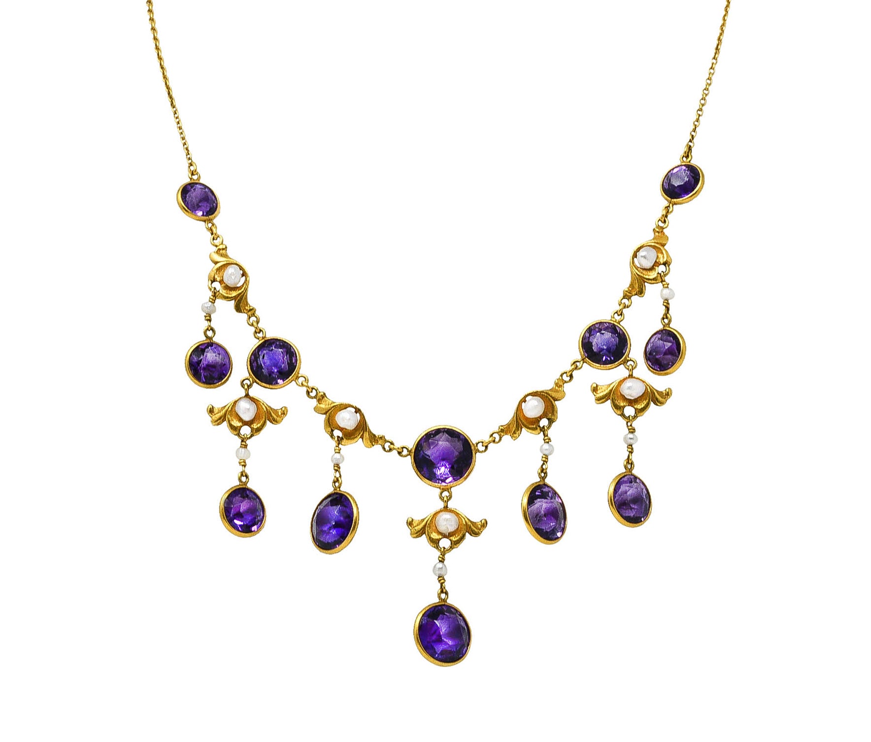 Art Nouveau Amethyst Pearl 14 Karat Gold Station Fringe Drop NecklaceNecklaces - Wilson's Estate Jewelry